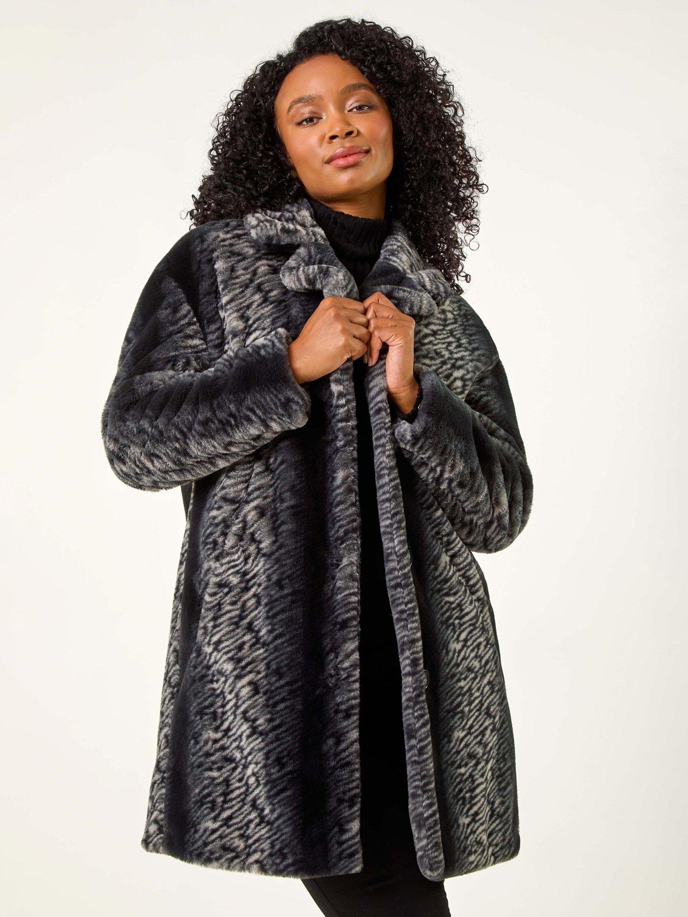 undefined Petite Animal Fur Collar Coat - Black