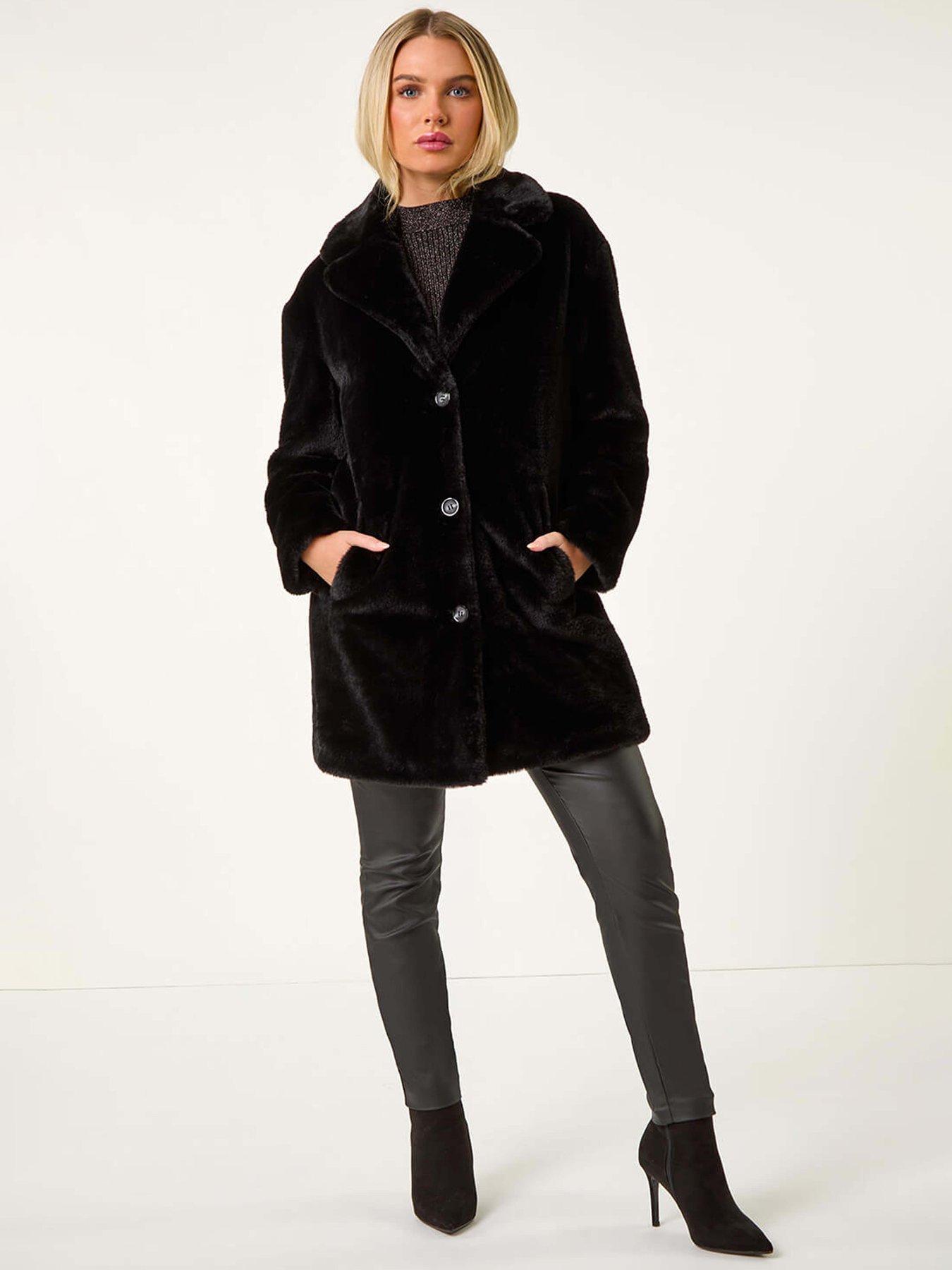 Image 3 of 5 of Roman Petite Longline Pocket Fur Coat - Black