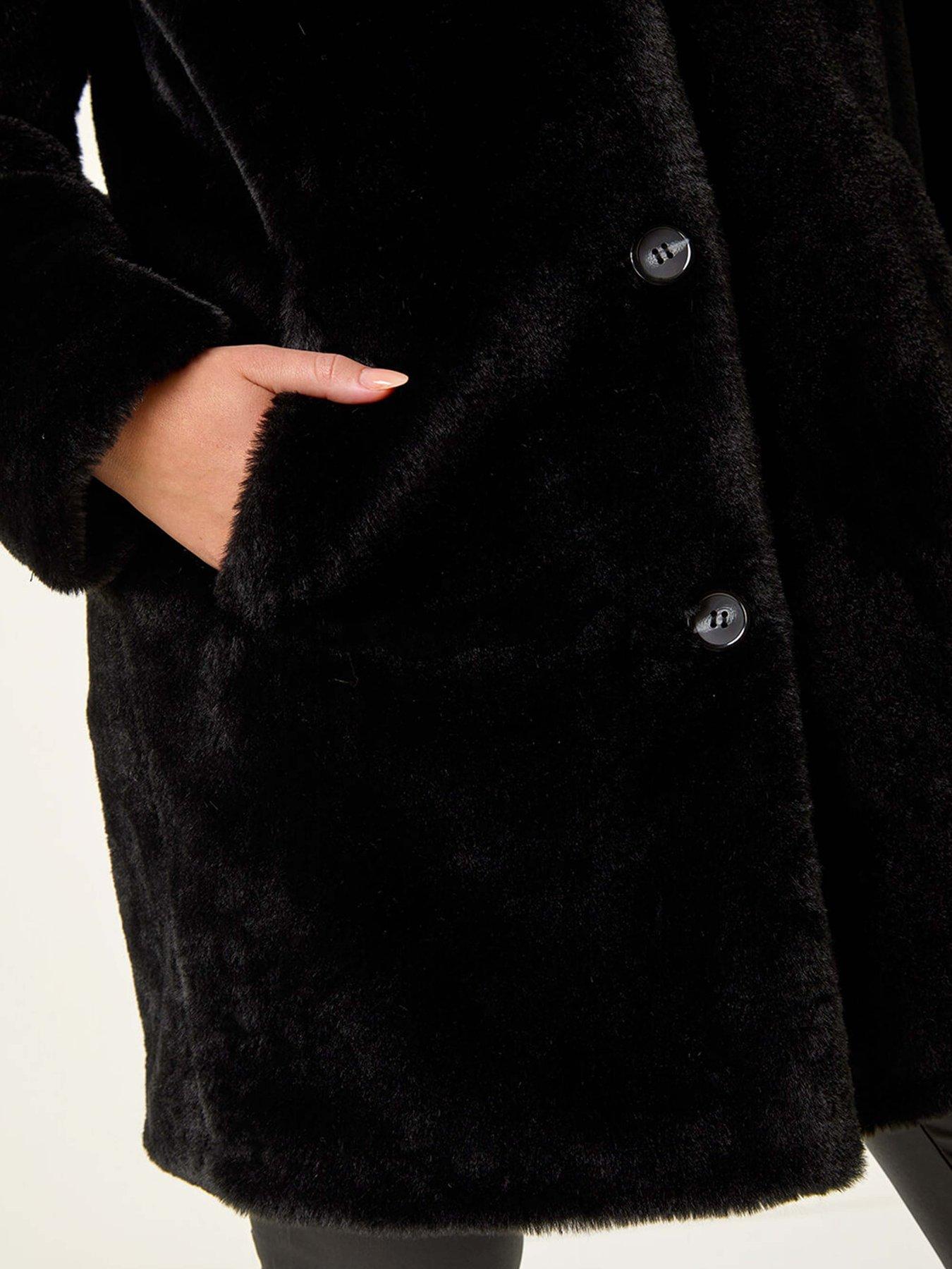 Image 5 of 5 of Roman Petite Longline Pocket Fur Coat - Black