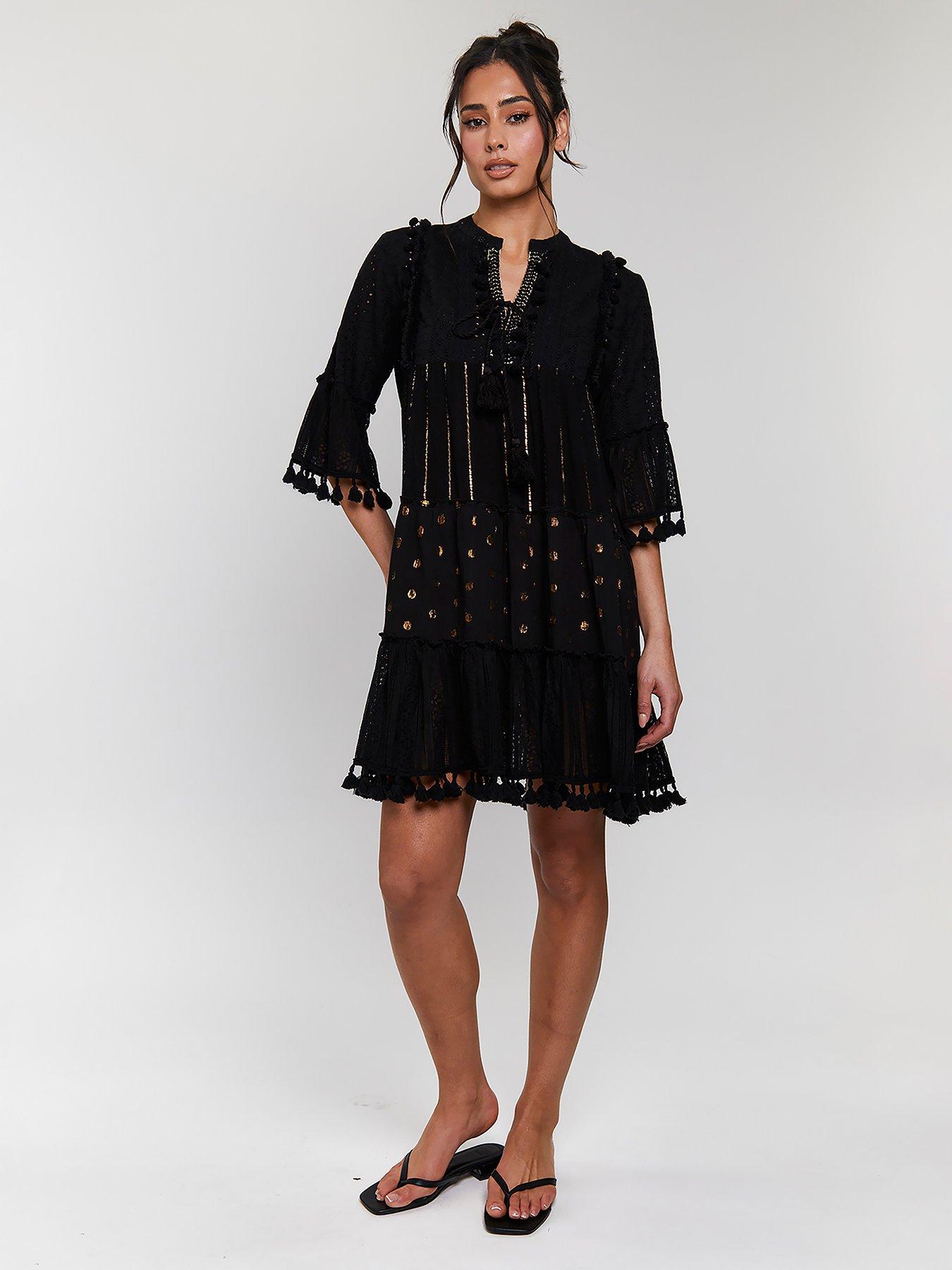 South Beach Trim Detail Tiered Mini Dress - Black