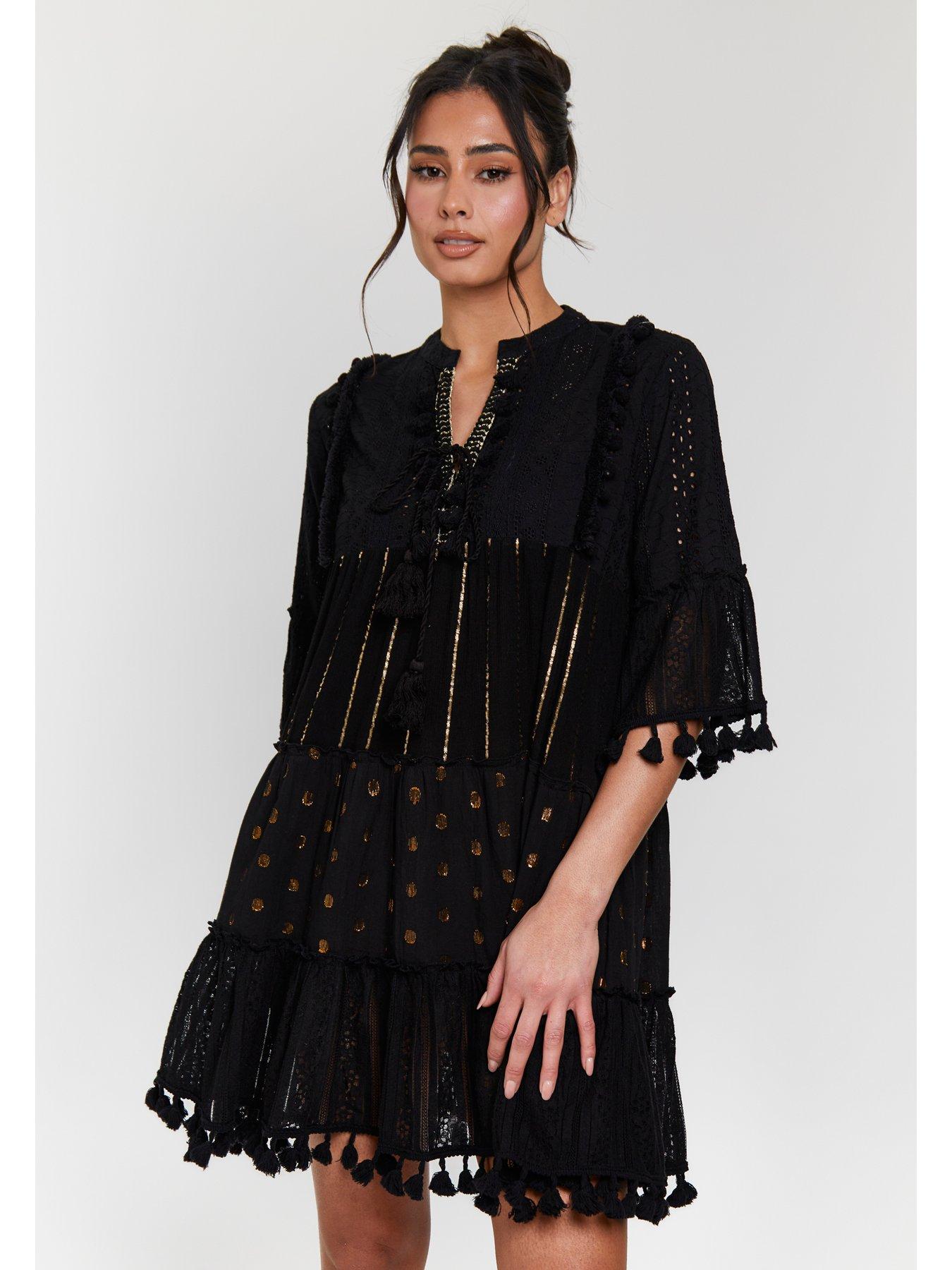 South Beach Trim Detail Tiered Mini Dress Black Littlewoods