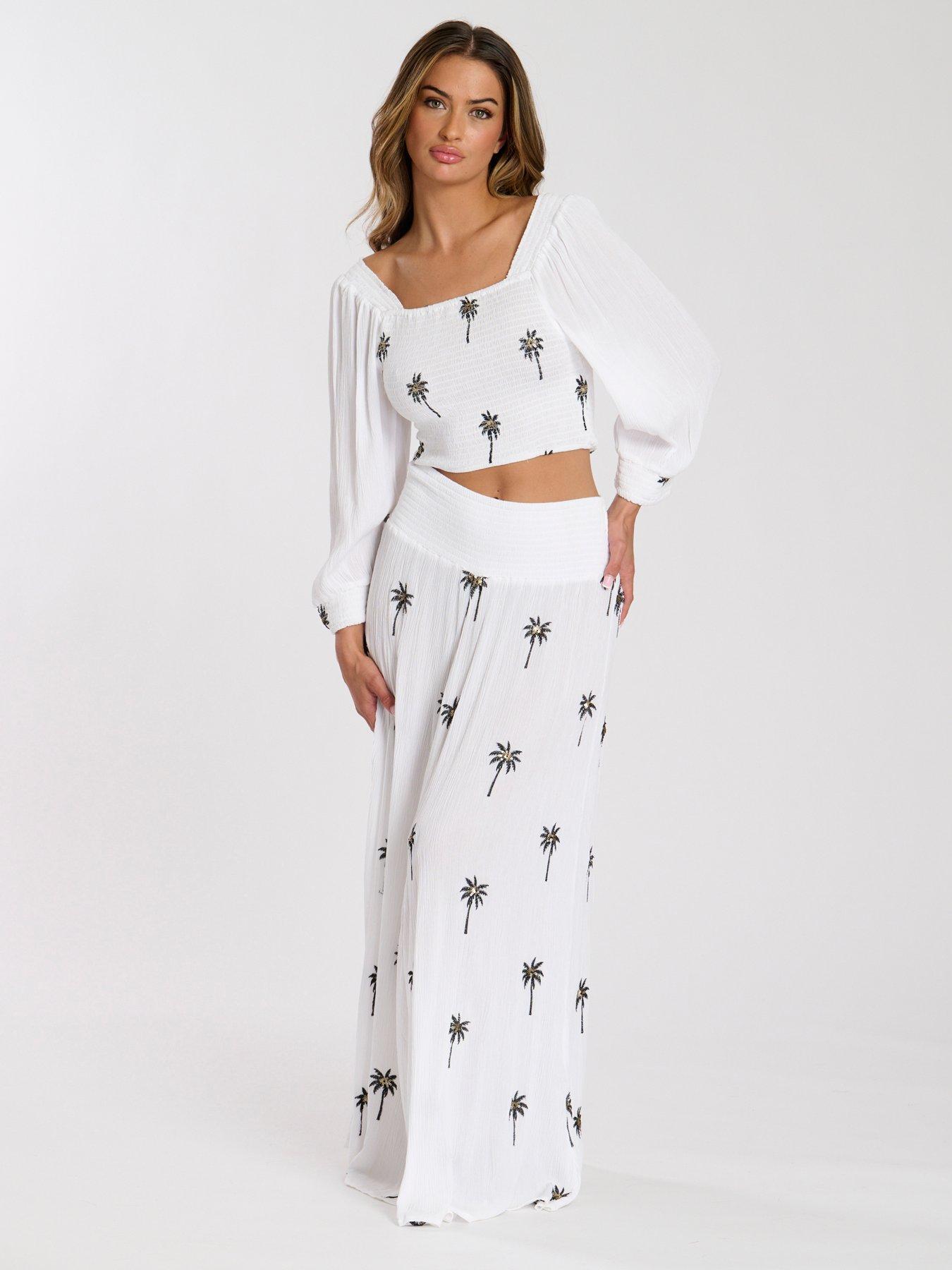  image of south-beach-embroidered-shirred-waist-maxi-skirt-white
