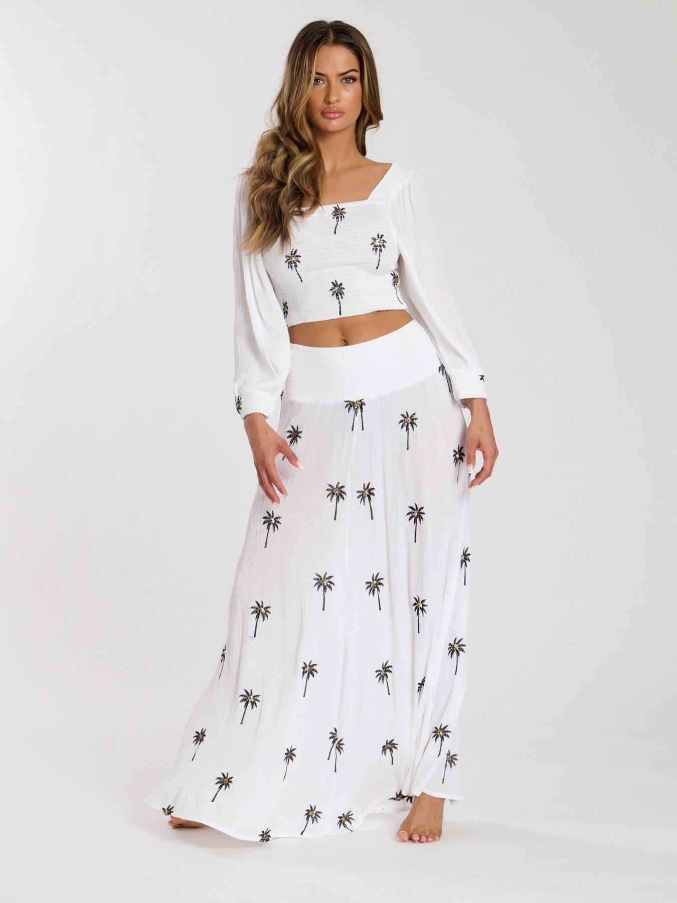  image of south-beach-embroidered-shirred-waist-maxi-skirt-white