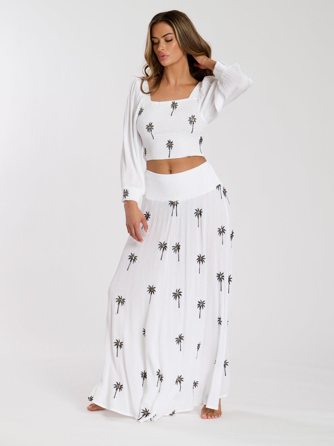  image of south-beach-embroidered-shirred-waist-maxi-skirt-white