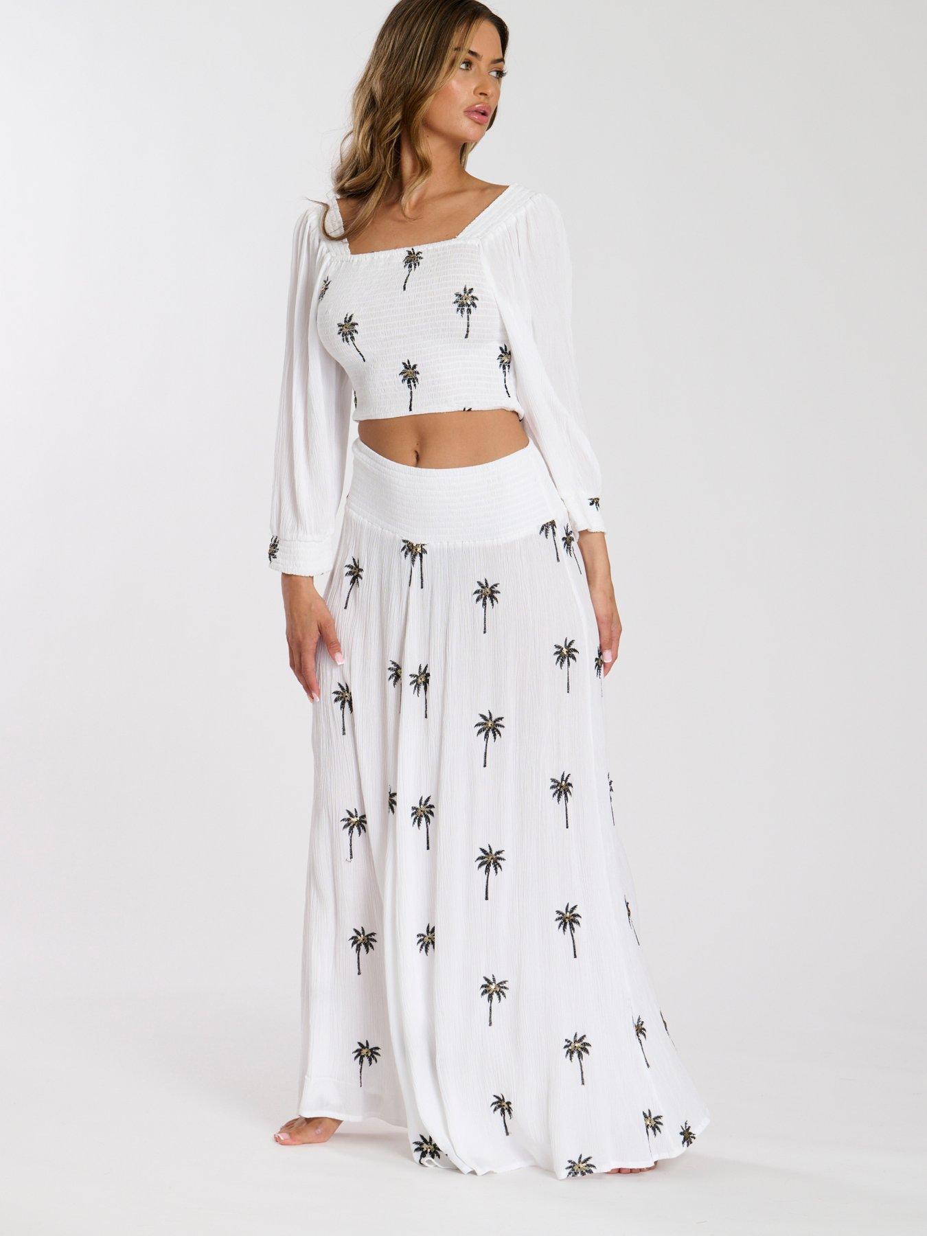  image of south-beach-embroidered-shirred-waist-maxi-skirt-white