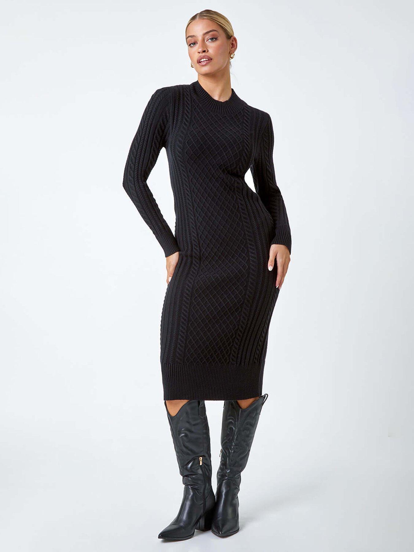 Roman Cable Knit Midi Jumper Dress - Black