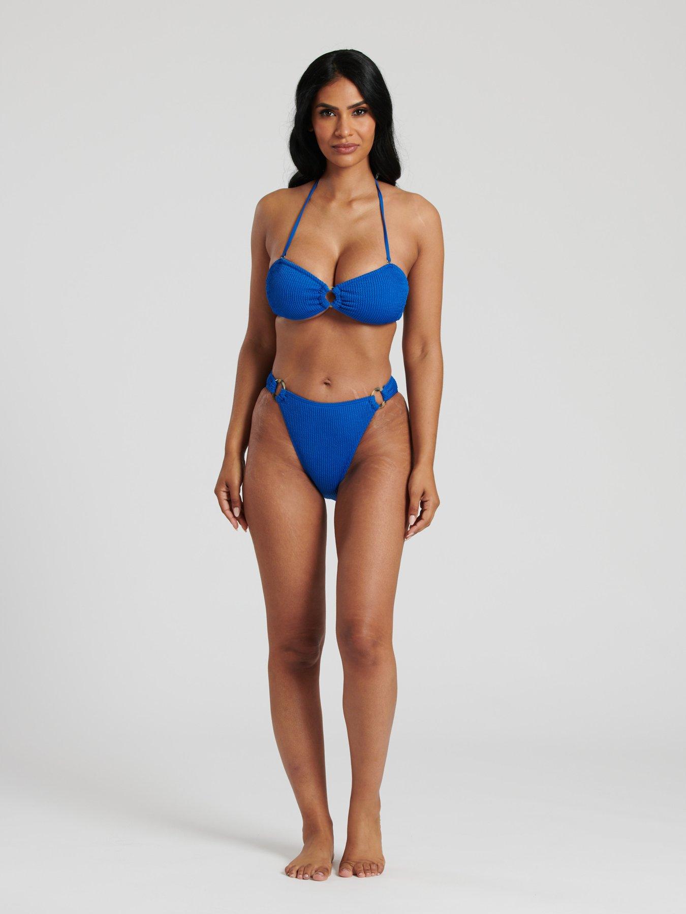 Crinkle Bandeau Bikini Set With Double O-Ring Side Split Beach Skirt - Cyan main image 1