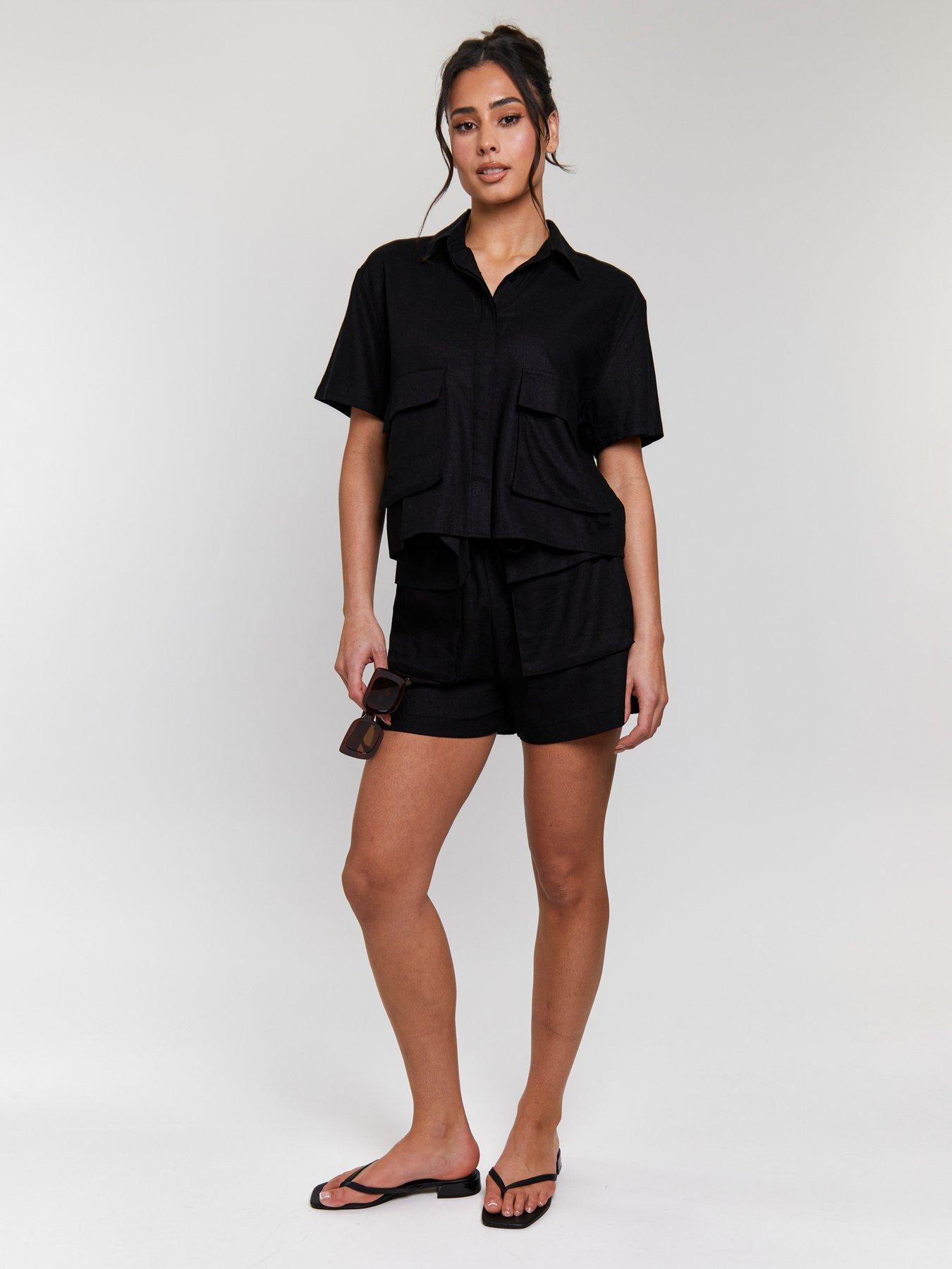 undefined Linen Blend Tie Waist Utility Pocket Short