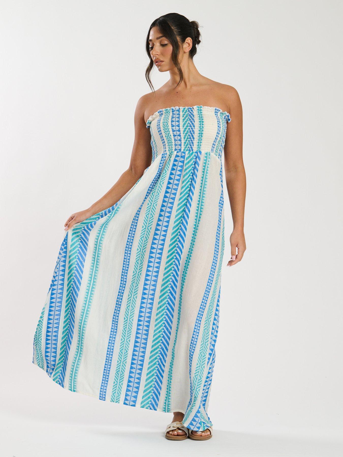 South Beach Bandeau Jacquard Maxi Dress with Shirred Bodice - Blue |  Littlewoods