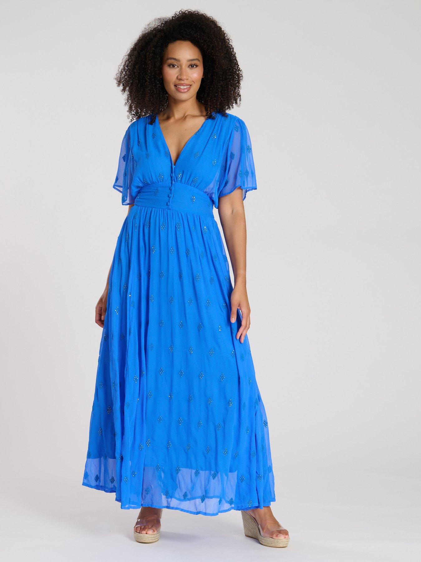 image of south-beach-sequin-detail-button-detail-midi-dress-blue