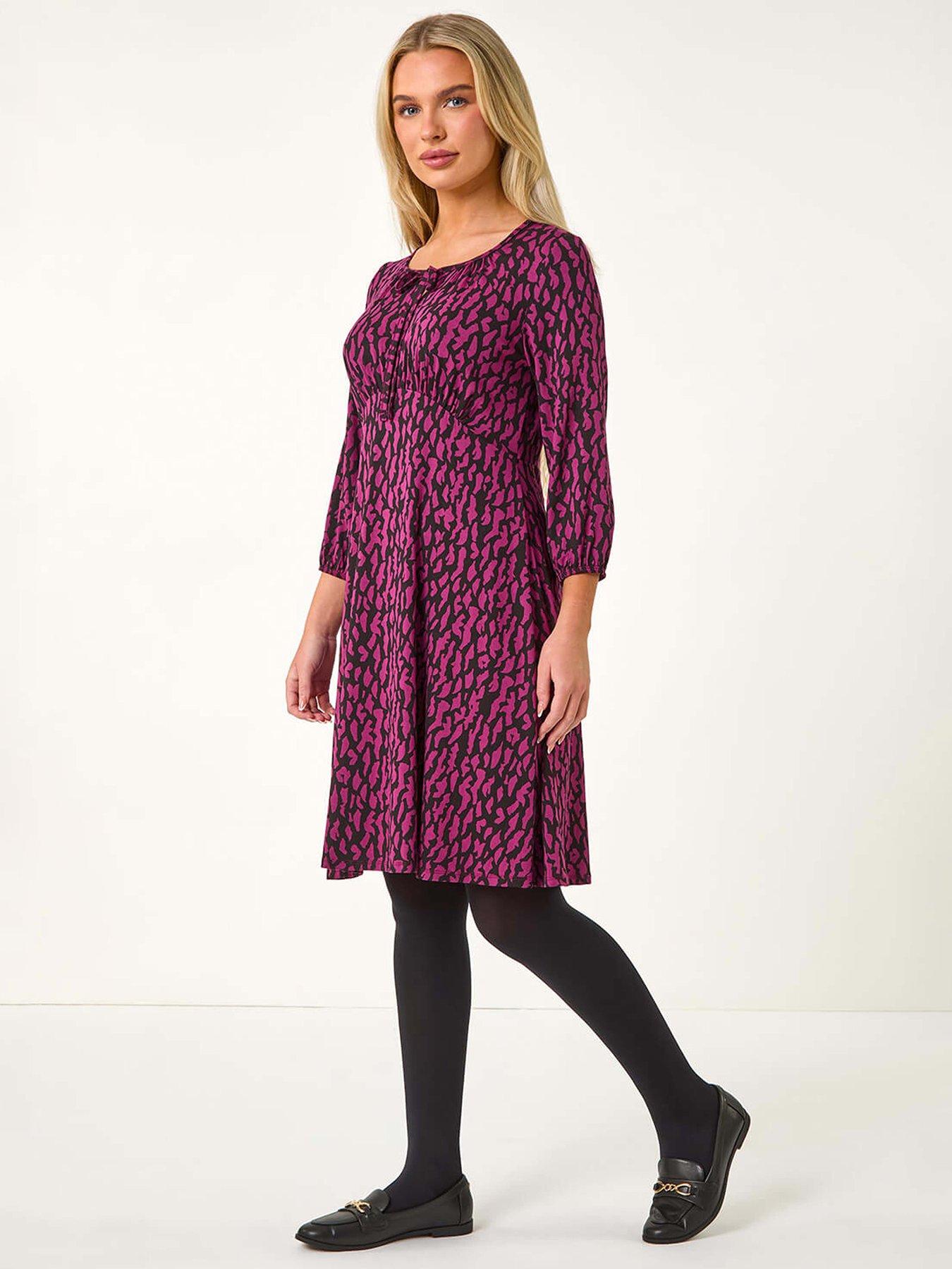 Image 3 of 5 of Roman Petite Abstract Tie Front Stretch Jersey Dress - Purple