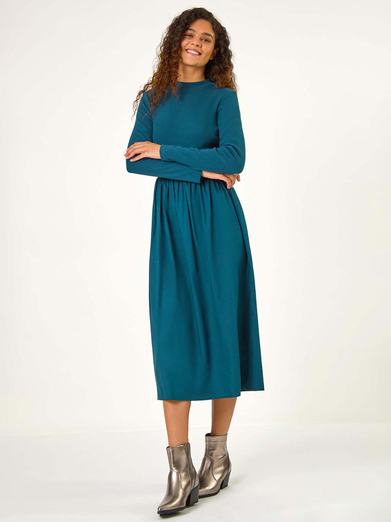 Roman Cotton Stretch Jersey Mix Midi Dress - Green