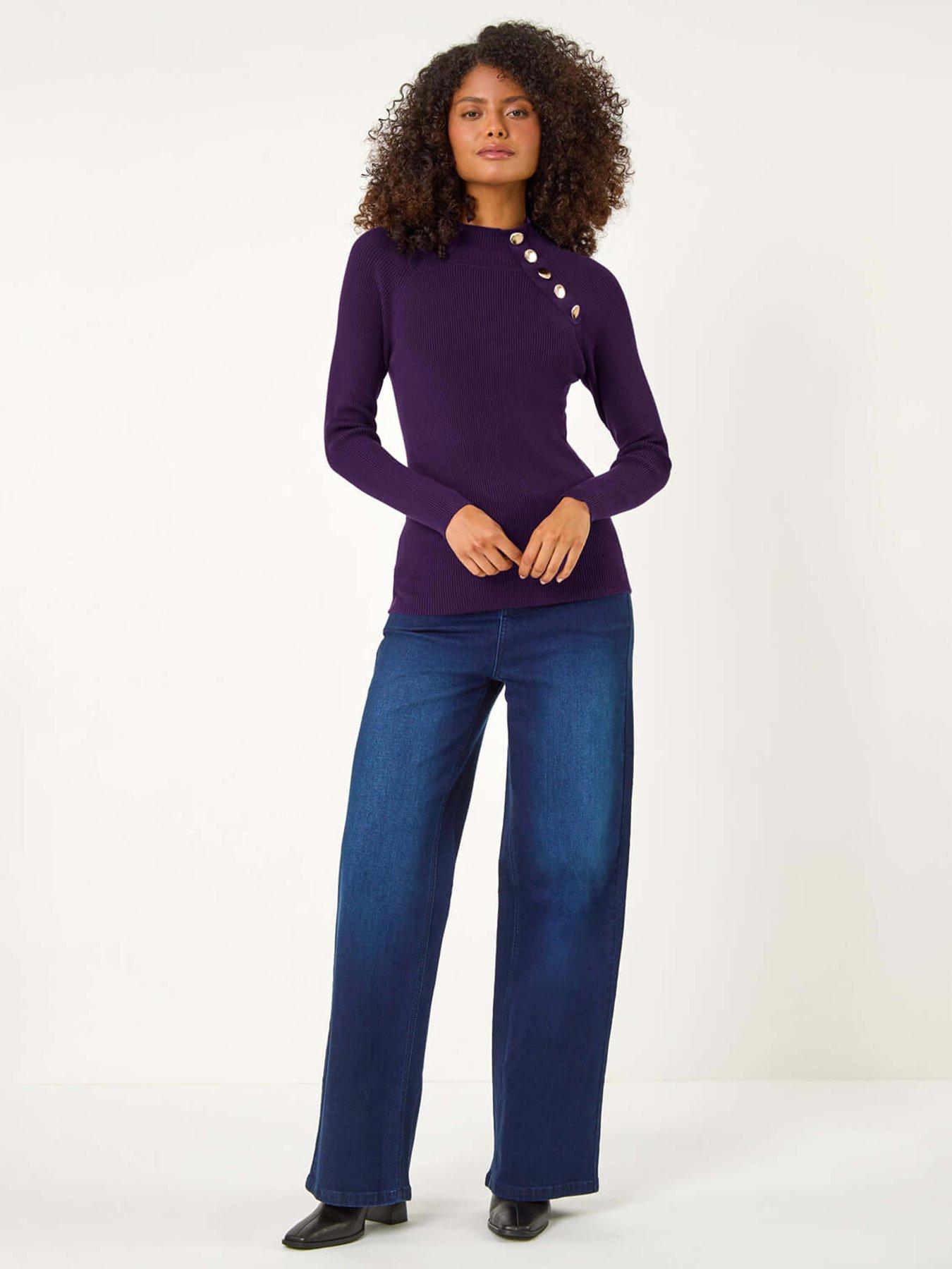  image of roman-high-neck-button-shoulder-jumper-purple