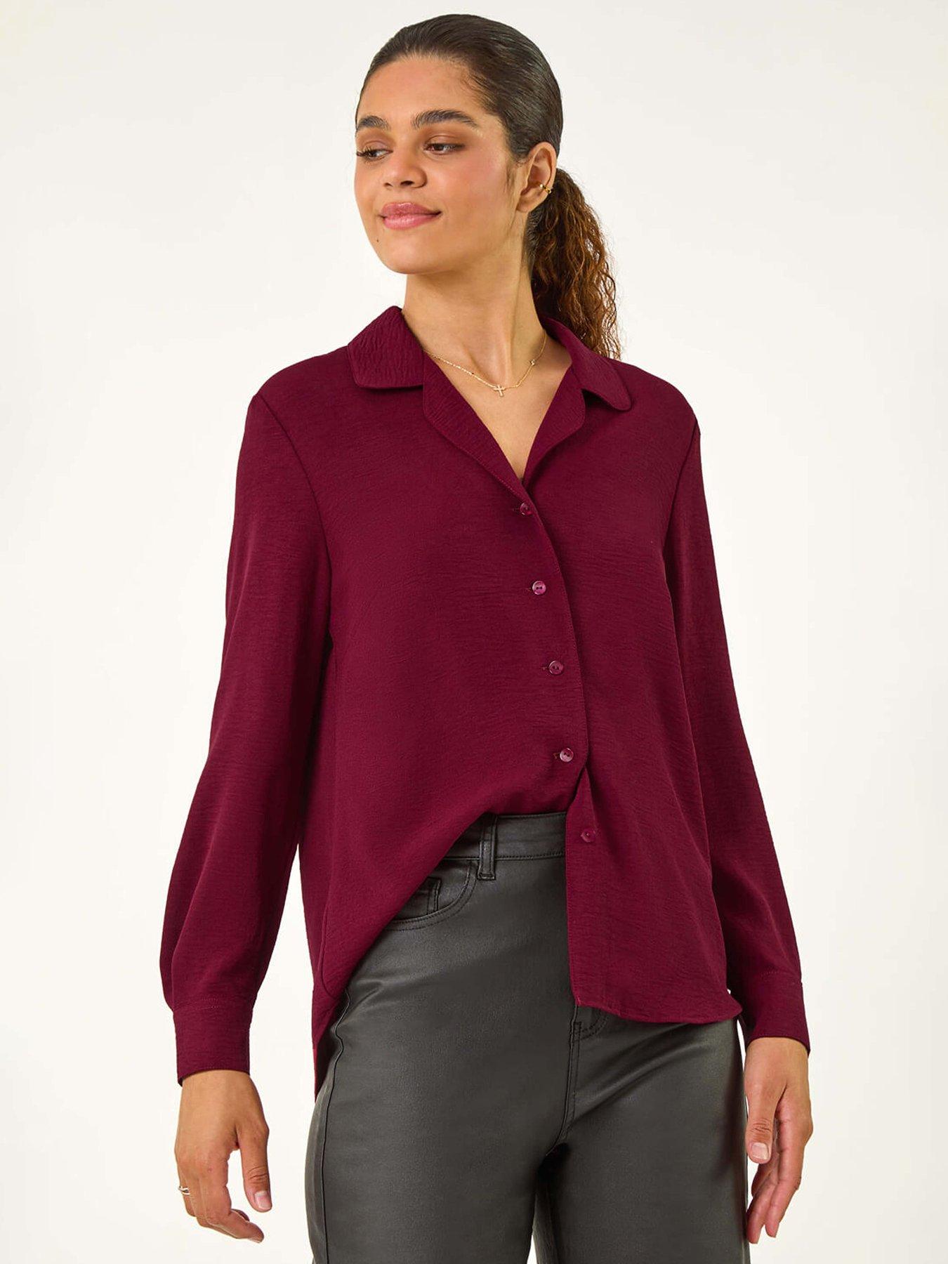 roman-plain-v-neck-collar-button-detail-blouse-red