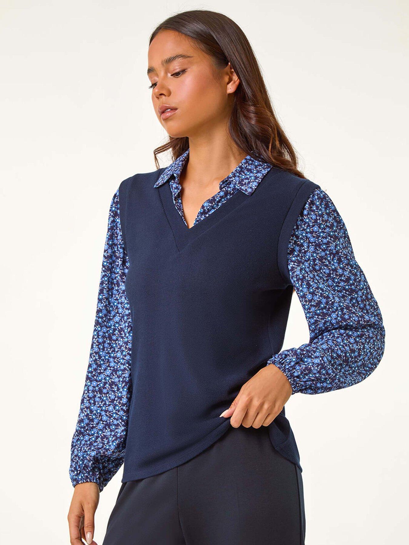undefined Petite Contrast Bodice Top - Navy