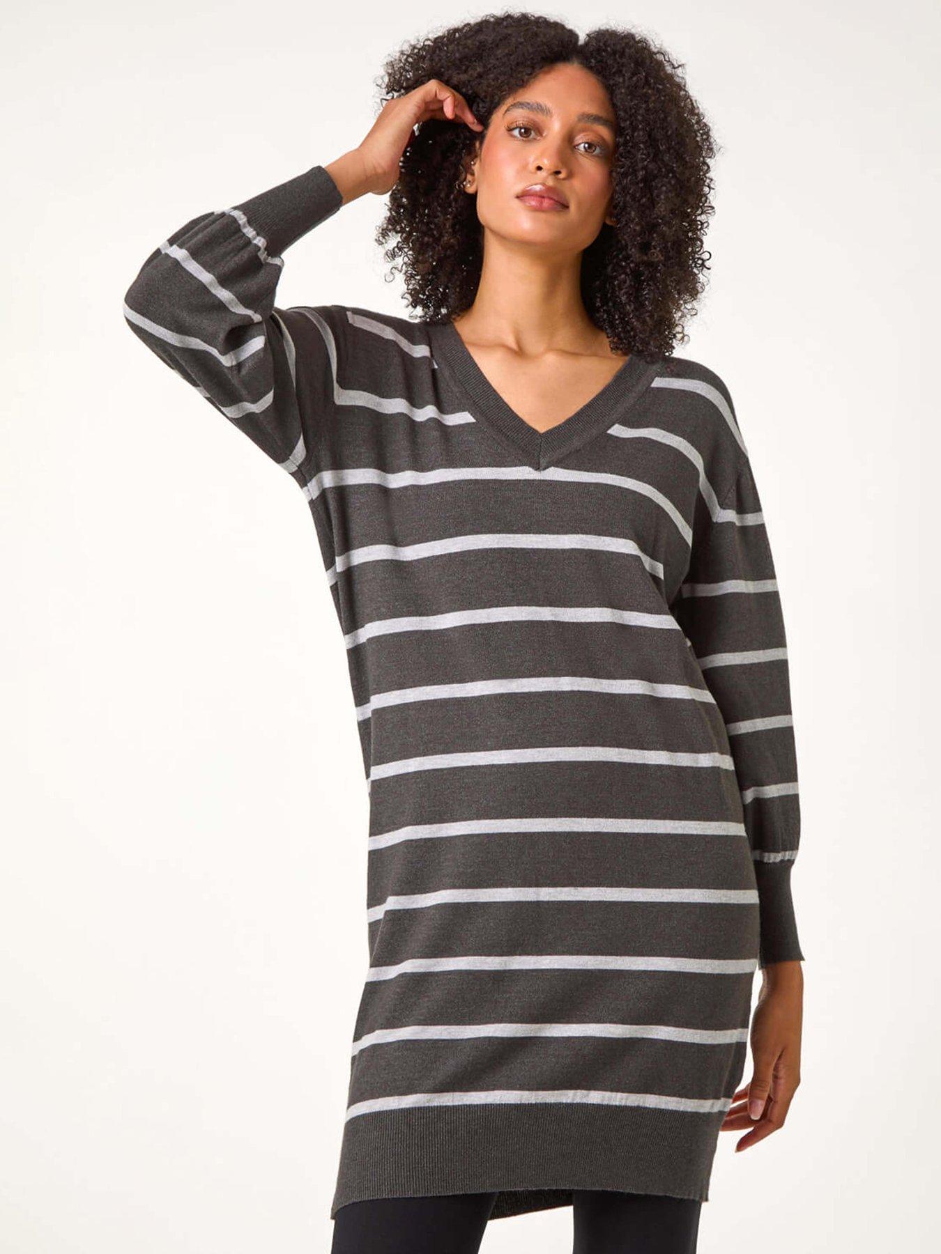 Roman Stripe V-neck Knit Jumper Dress - Grey