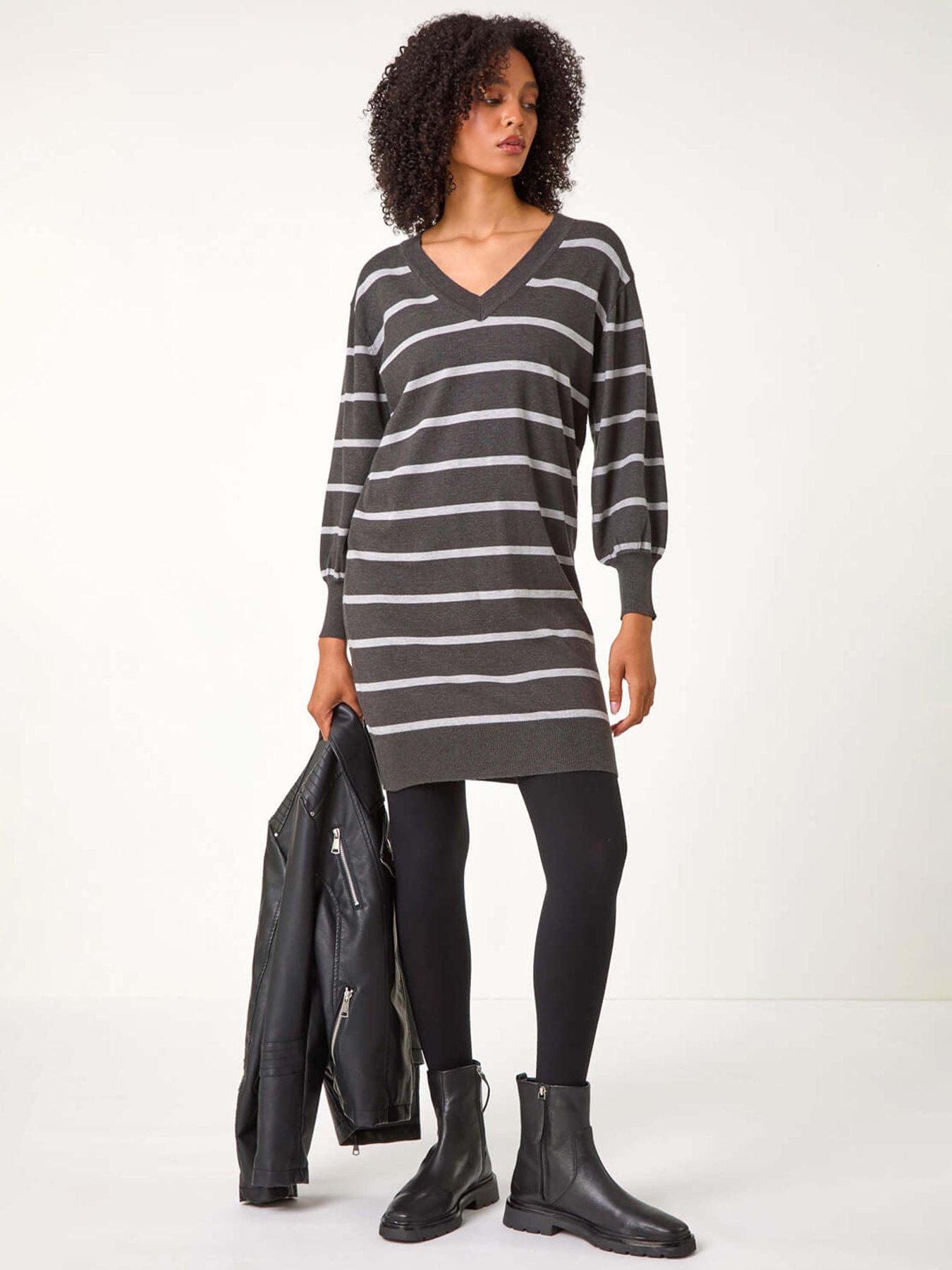  image of roman-stripe-v-neck-knit-jumper-dress-grey