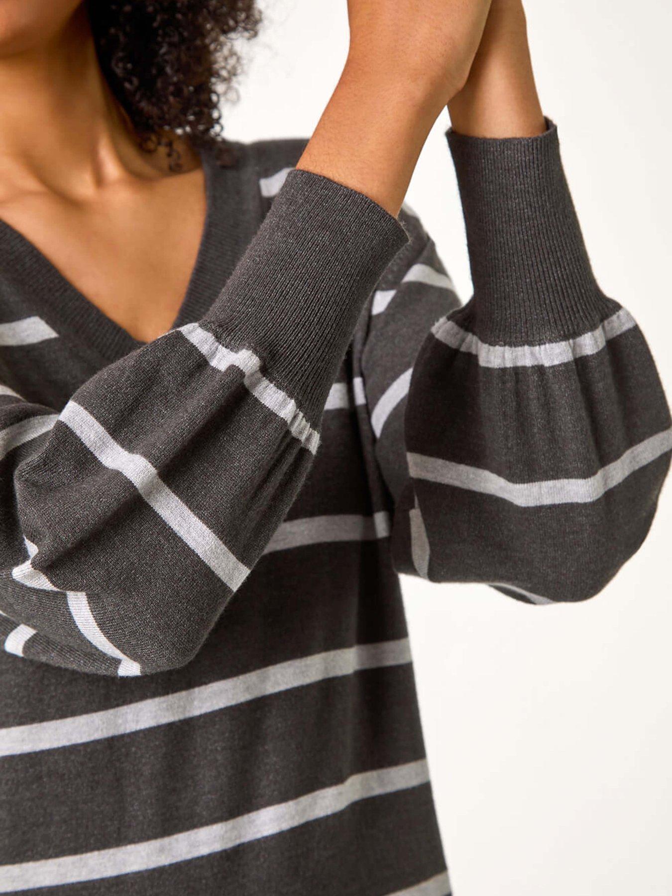  image of roman-stripe-v-neck-knit-jumper-dress-grey