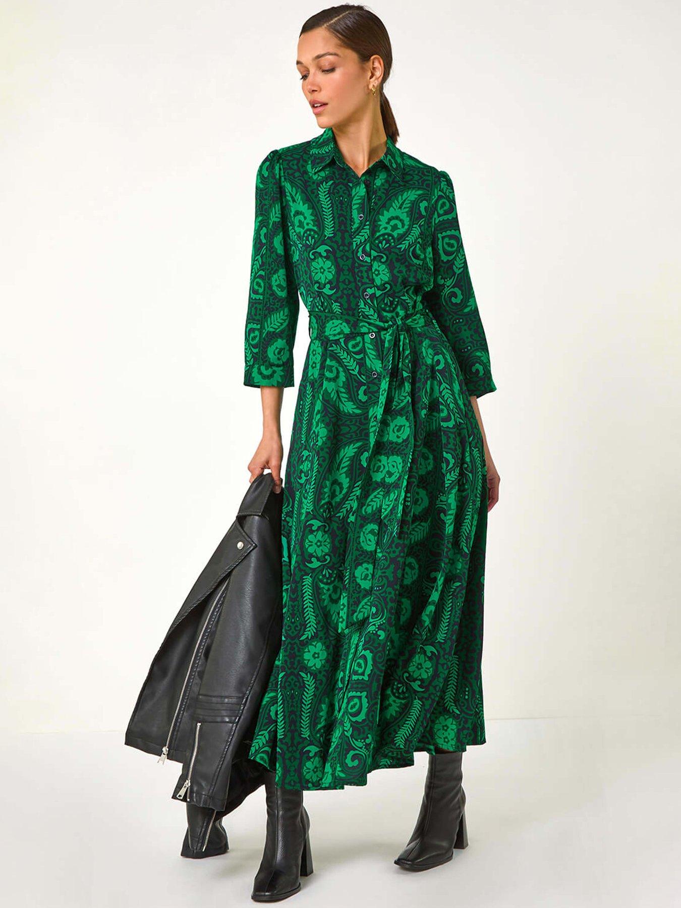undefined Floral Leaf Print Midi Shirt Dress - Green
