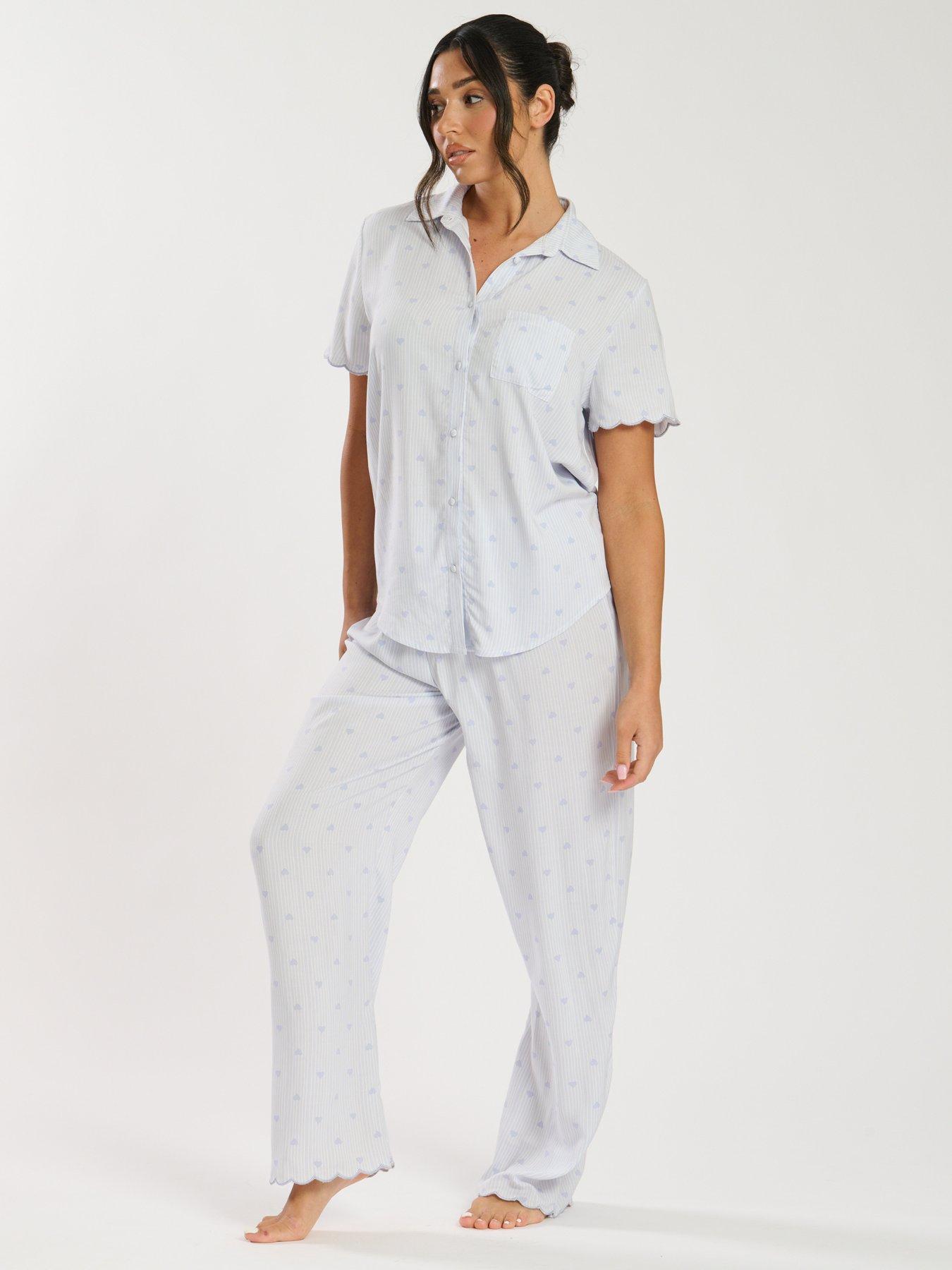 loungeable-heart-stripe-short-sleeve-shirt-and-trouser-pyjama-set-blue