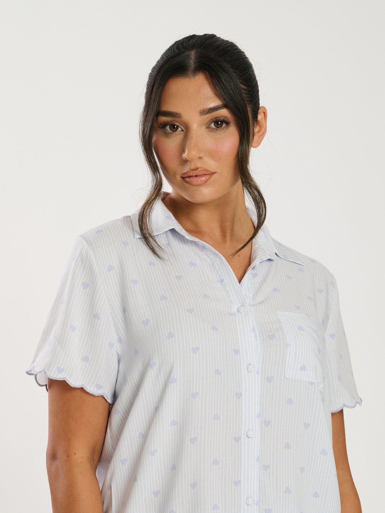 image of loungeable-heart-stripe-short-sleeve-shirt-and-trouser-pyjama-set-blue