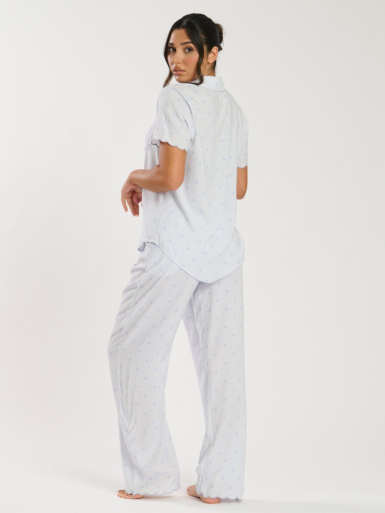  image of loungeable-heart-stripe-short-sleeve-shirt-and-trouser-pyjama-set-blue