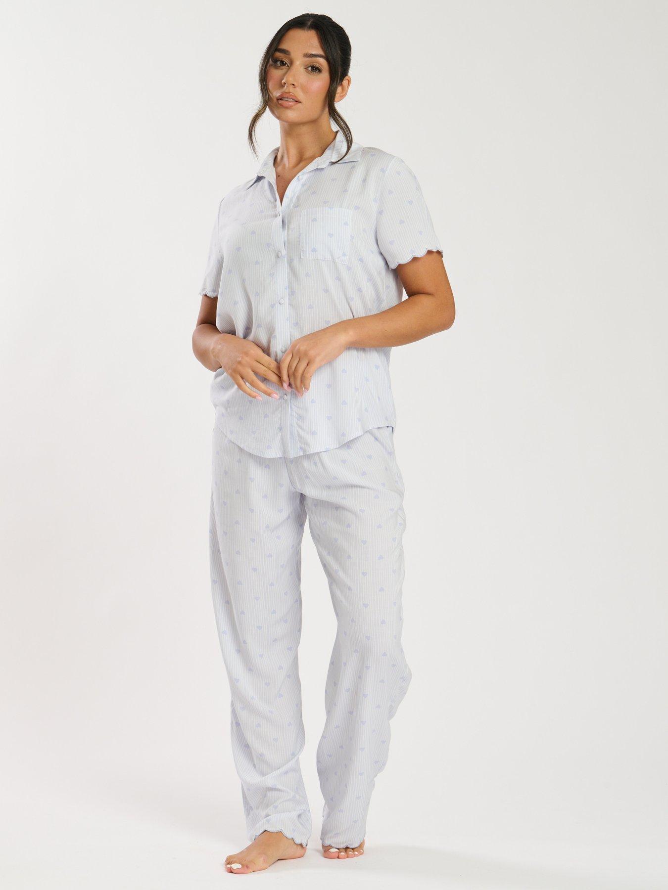  image of loungeable-heart-stripe-short-sleeve-shirt-and-trouser-pyjama-set-blue