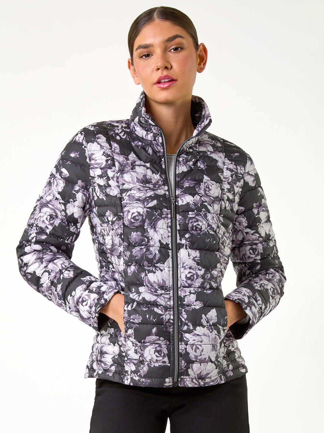 Roman Floral Print Lightweight Quilted Coat - Grey