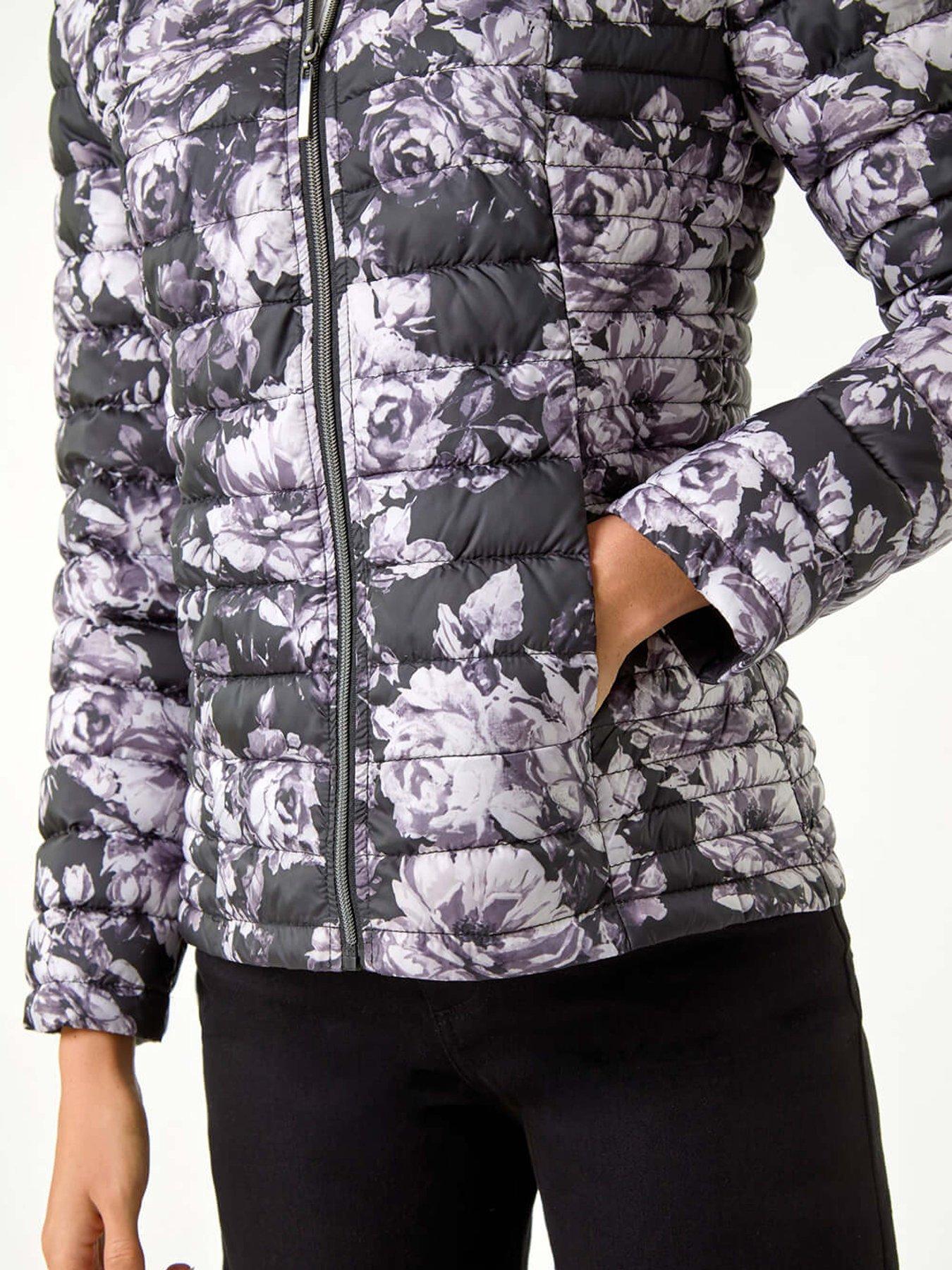  image of roman-floral-print-lightweight-quilted-coat-grey