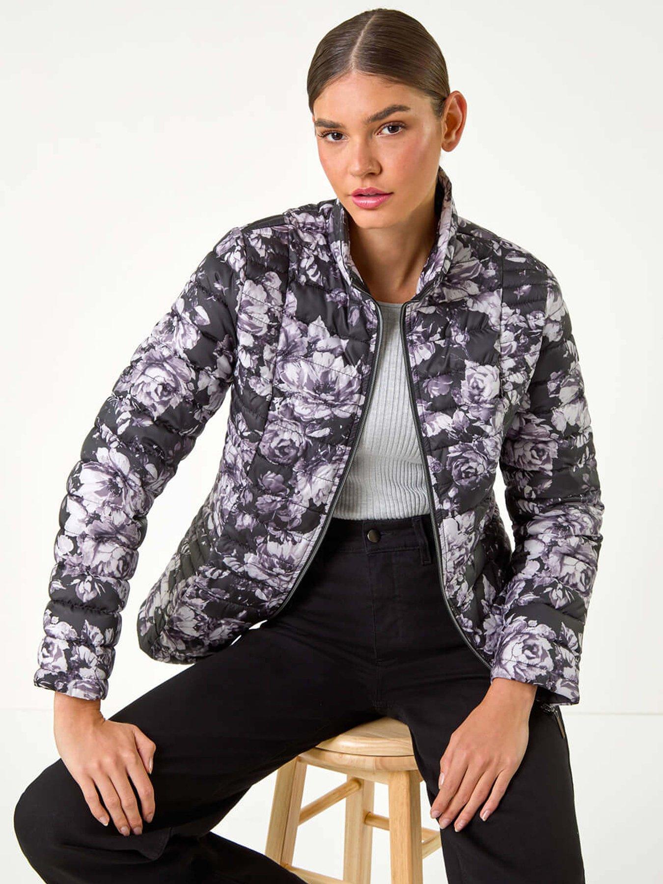  image of roman-floral-print-lightweight-quilted-coat-grey