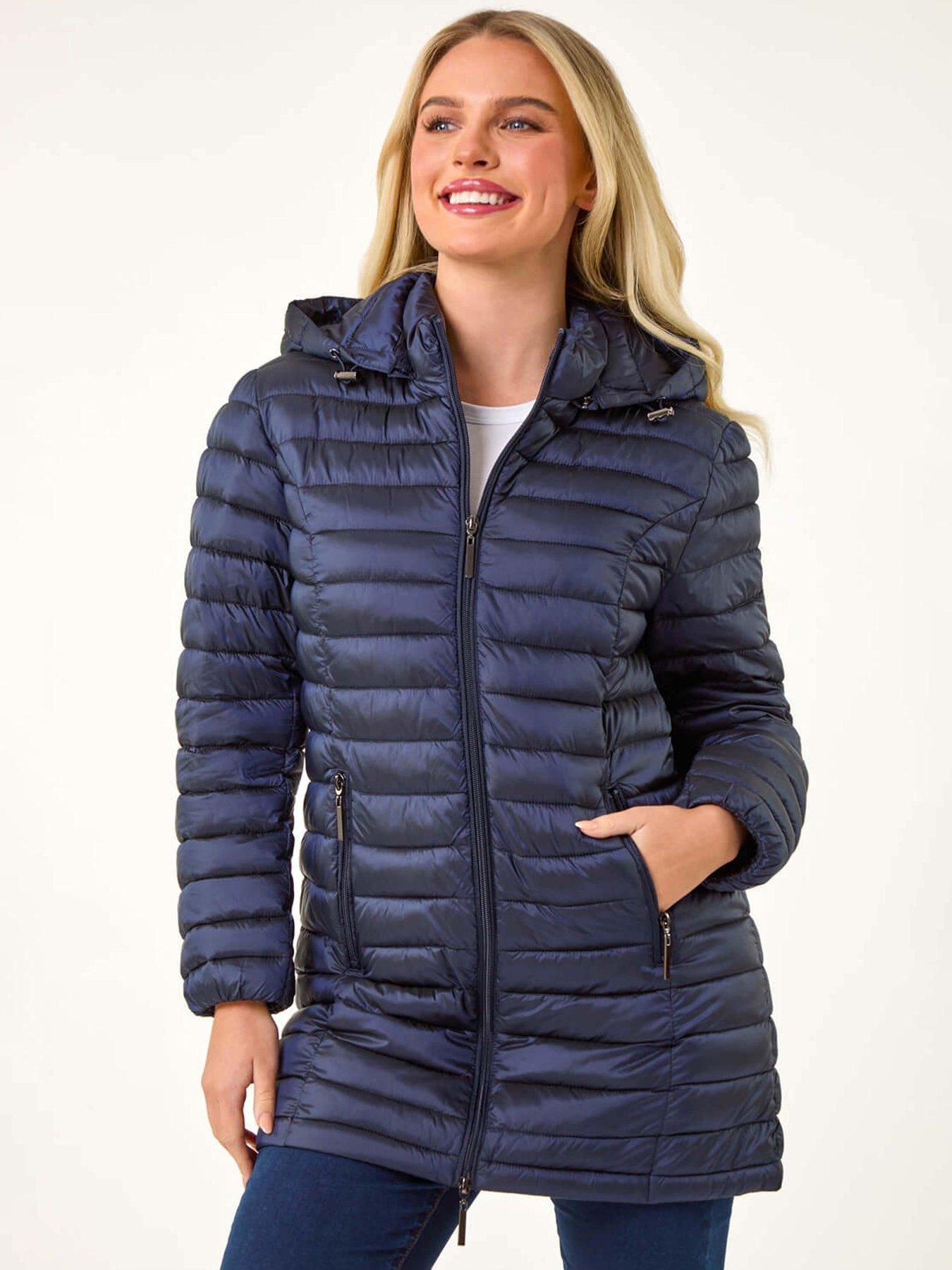 undefined Petite Metallic Finish Quilted Padded Coat - Navy