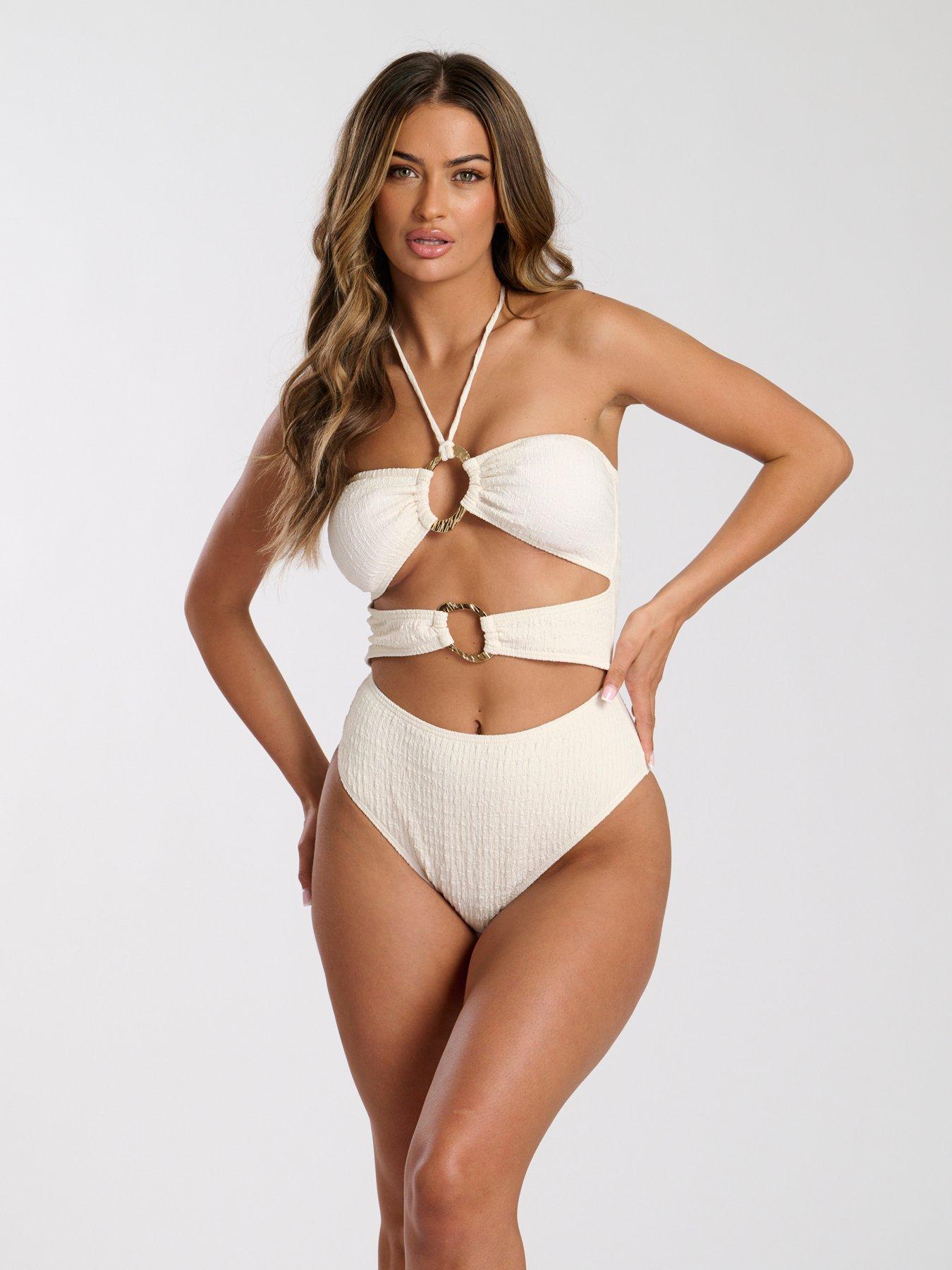 South Beach Textured Ring Detail Halter Swimsuit - Cream