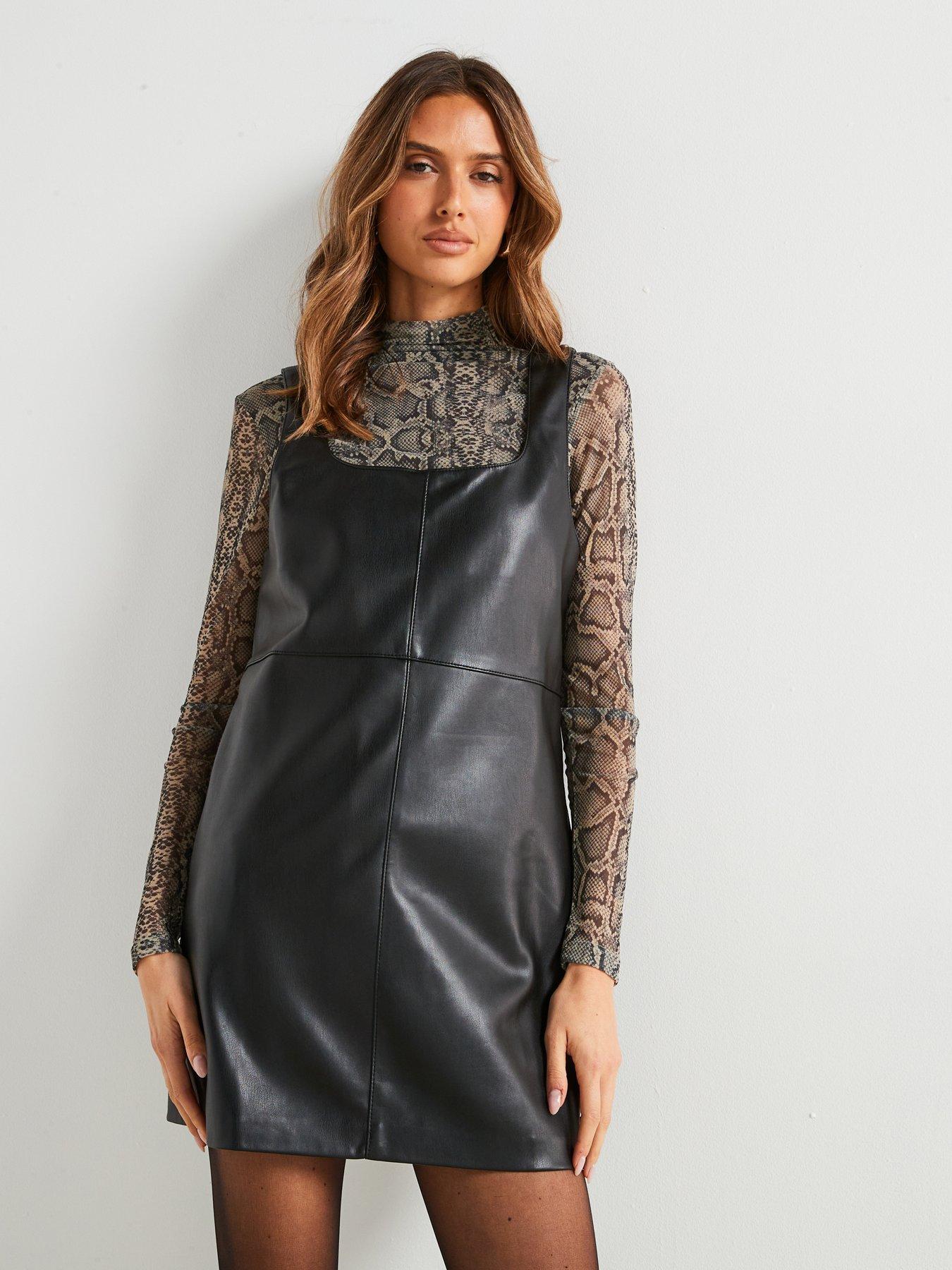 undefined Leather-Effect Pinafore Dress - Black