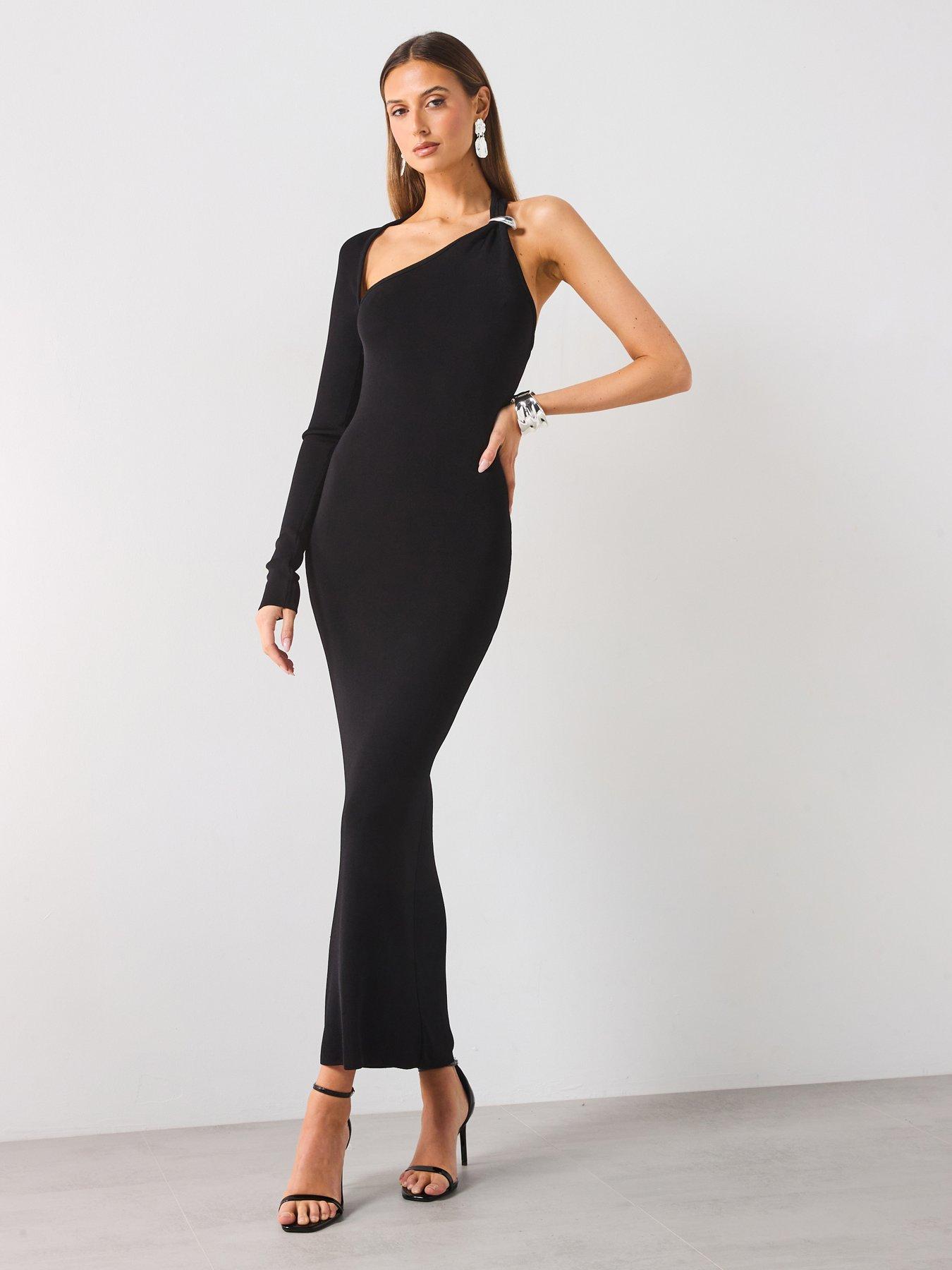 Image 1 of 6 of Mango Asymmetrical Knitted Dress - Black