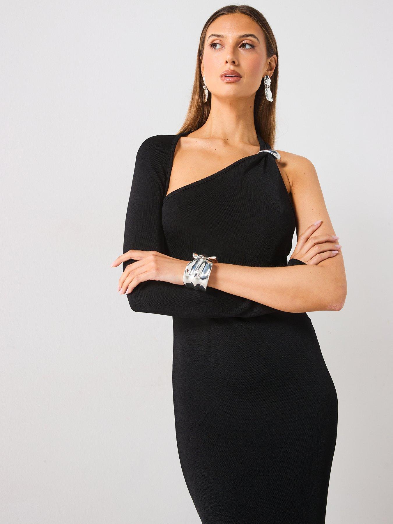 Image 4 of 6 of Mango Asymmetrical Knitted Dress - Black