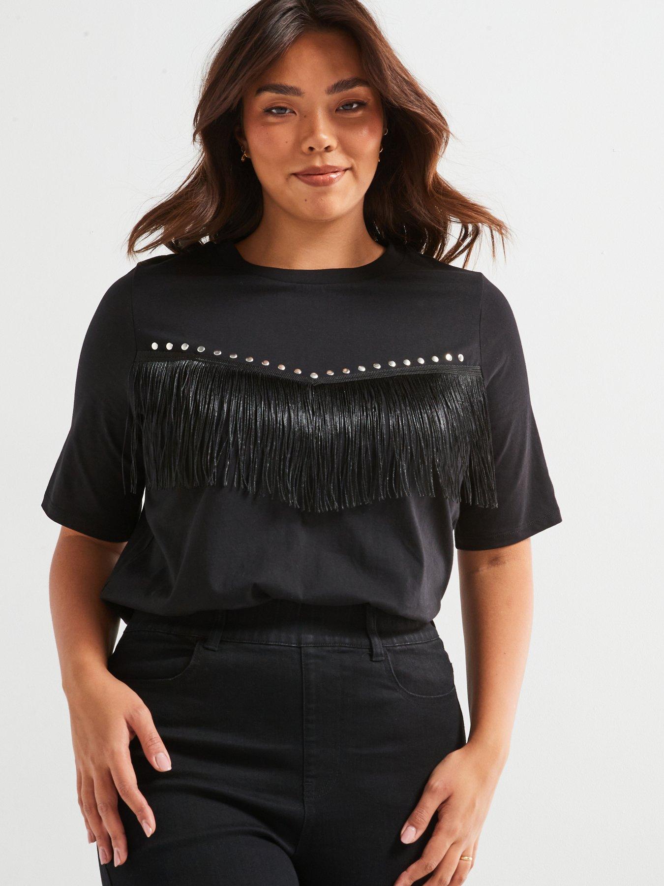 undefined Fringe Studded Longline T-Shirt - Black