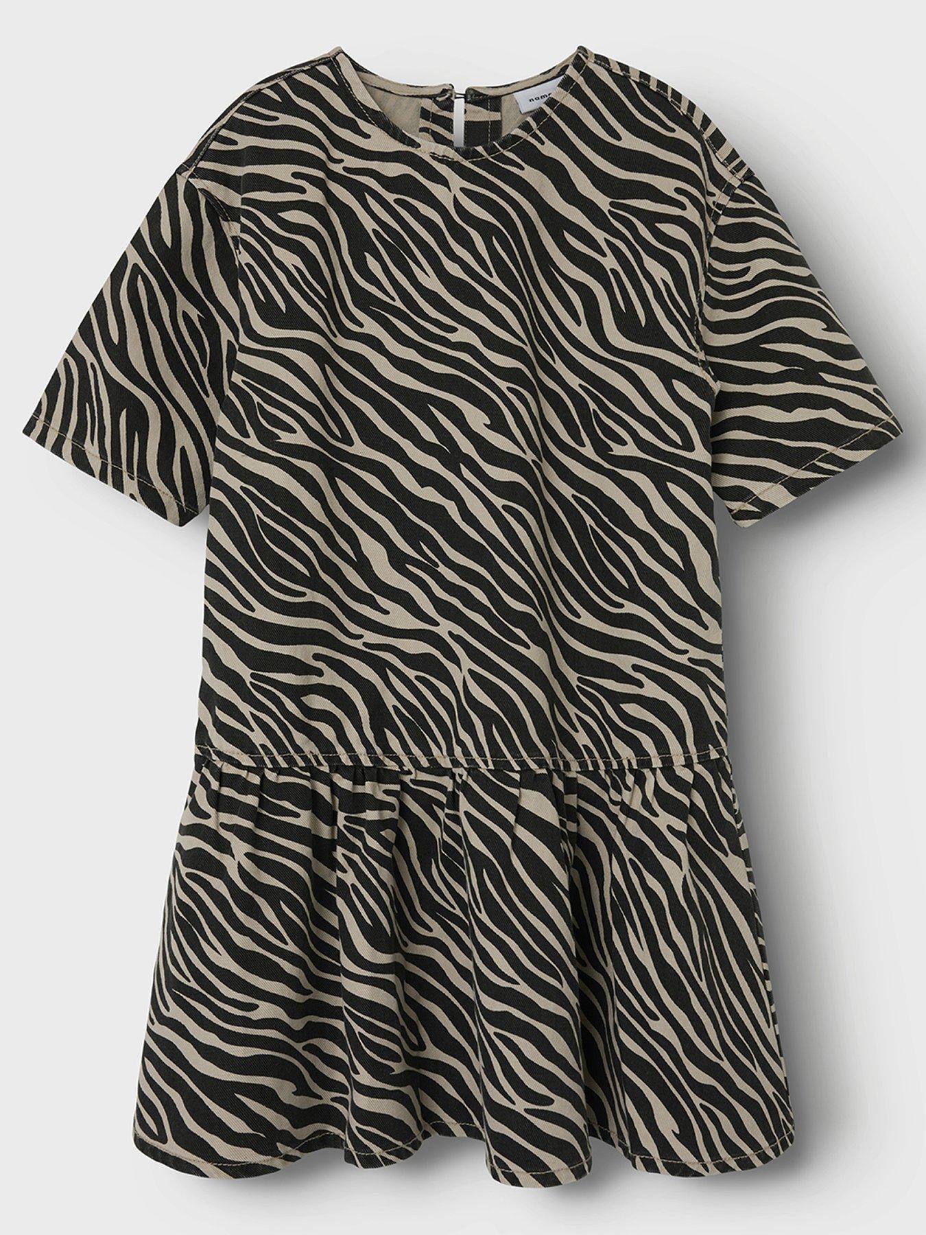  image of name-it-girls-zebra-print-drop-waist-dress-black