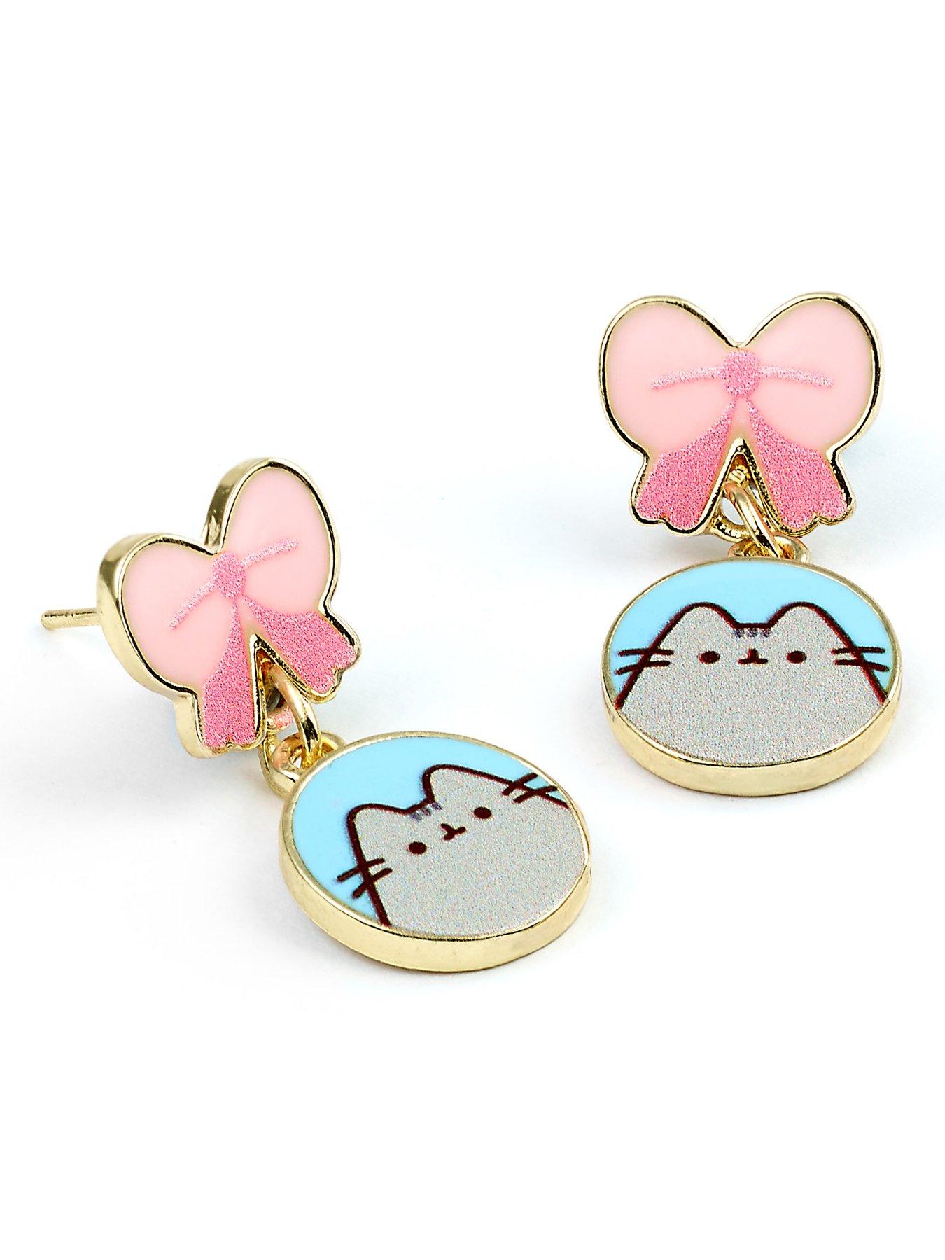 Image 2 of 3 of Pusheen the Cat Pink Bows Drop Earrings