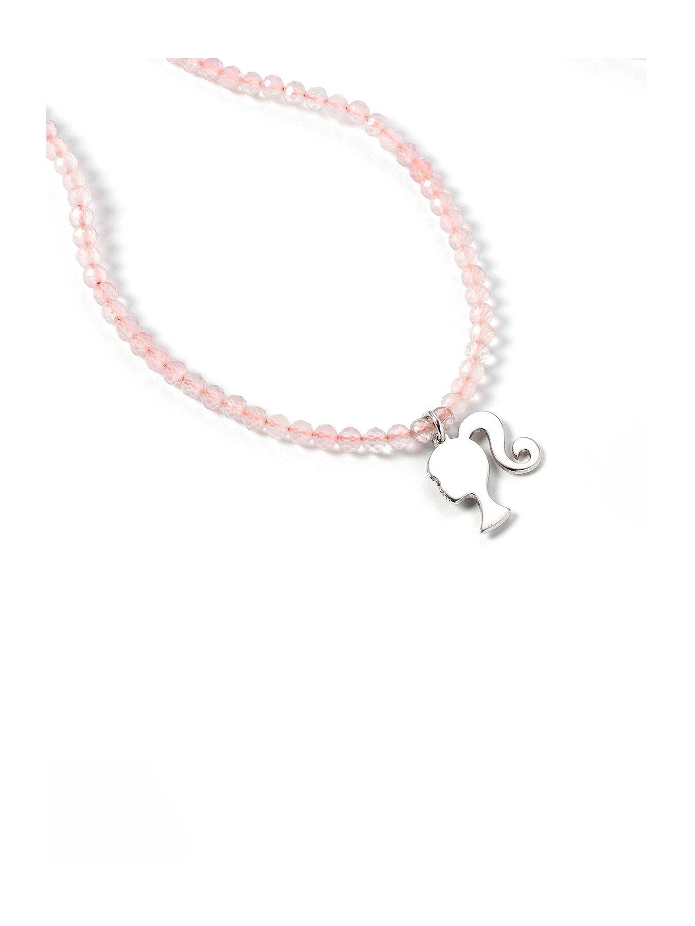  image of barbie-sterling-silver-silhouette-charm-on-a-rose-quartz-bead-necklace