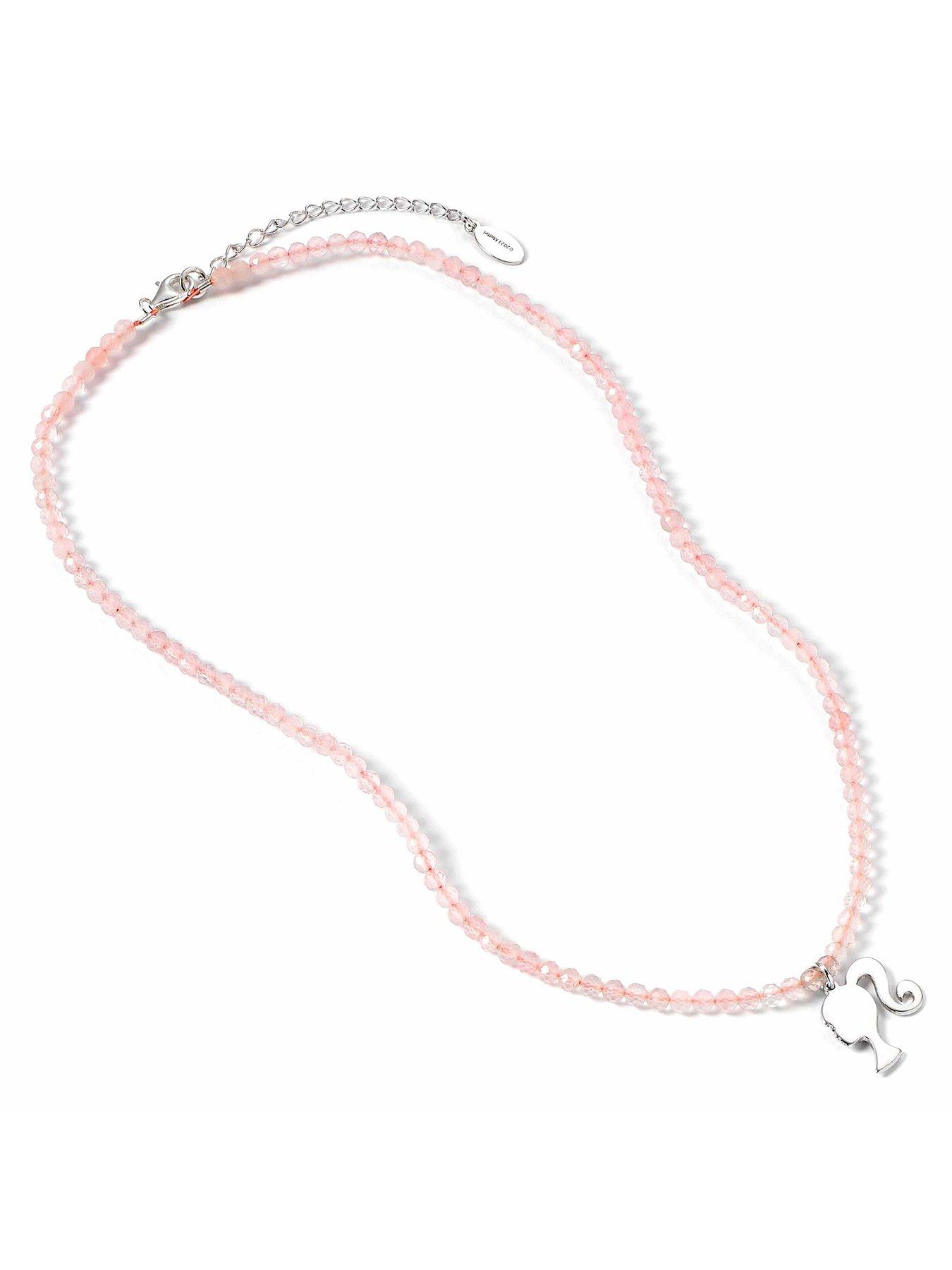  image of barbie-sterling-silver-silhouette-charm-on-a-rose-quartz-bead-necklace