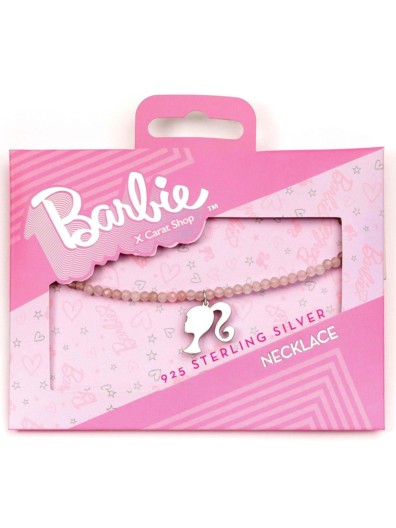  image of barbie-sterling-silver-silhouette-charm-on-a-rose-quartz-bead-necklace