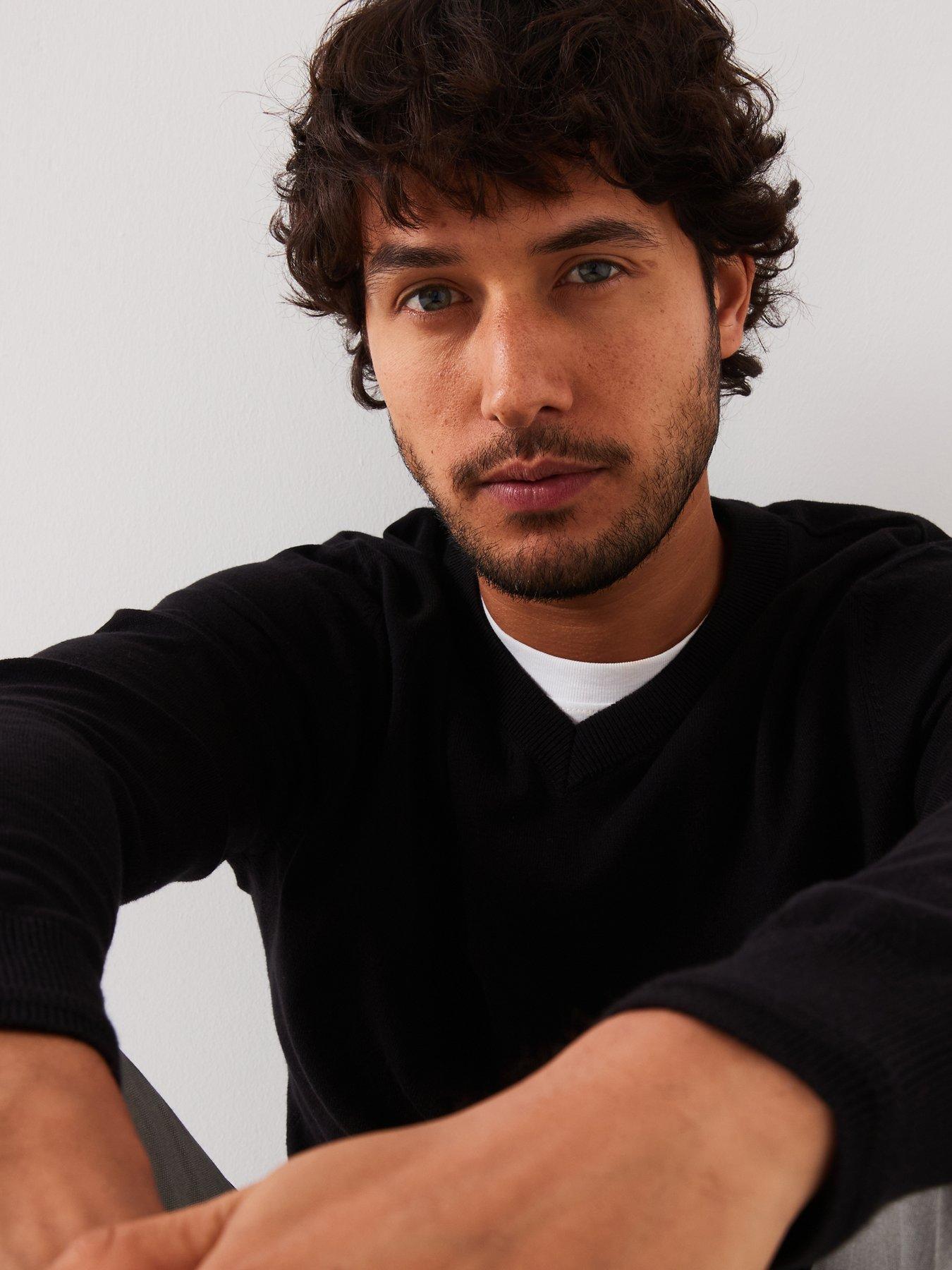  image of everyday-cotton-rich-v-neck-knitted-jumper-black