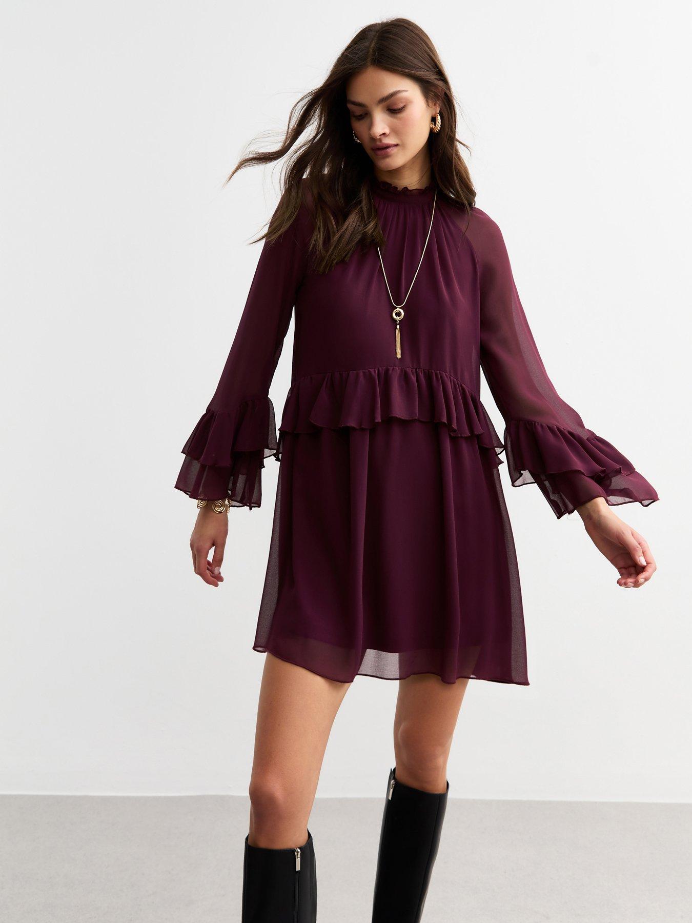 undefined Ruffle High Neck Mini Dress - Burgundy