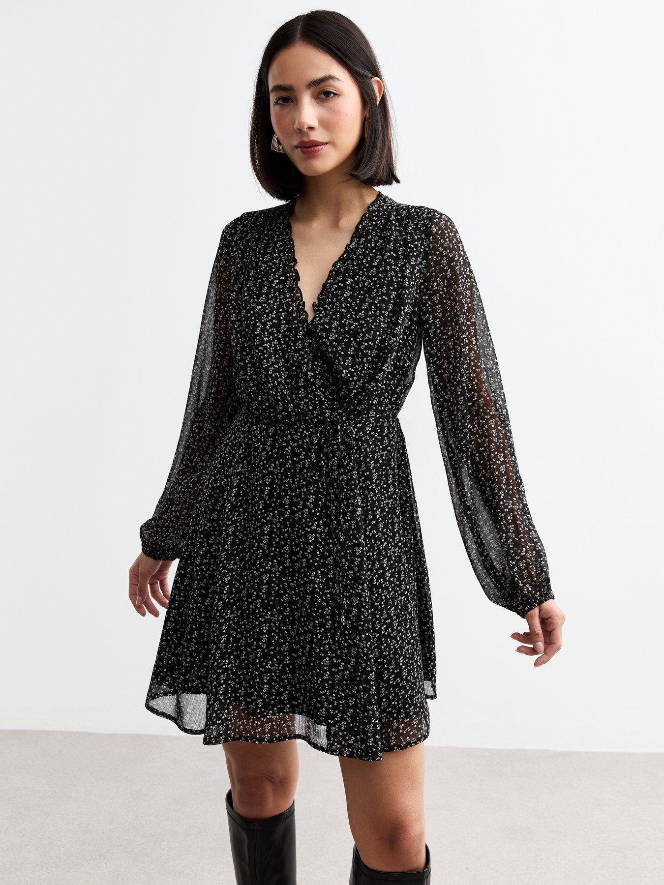 undefined Black Floral Chiffon Mini Wrap Dress - Print