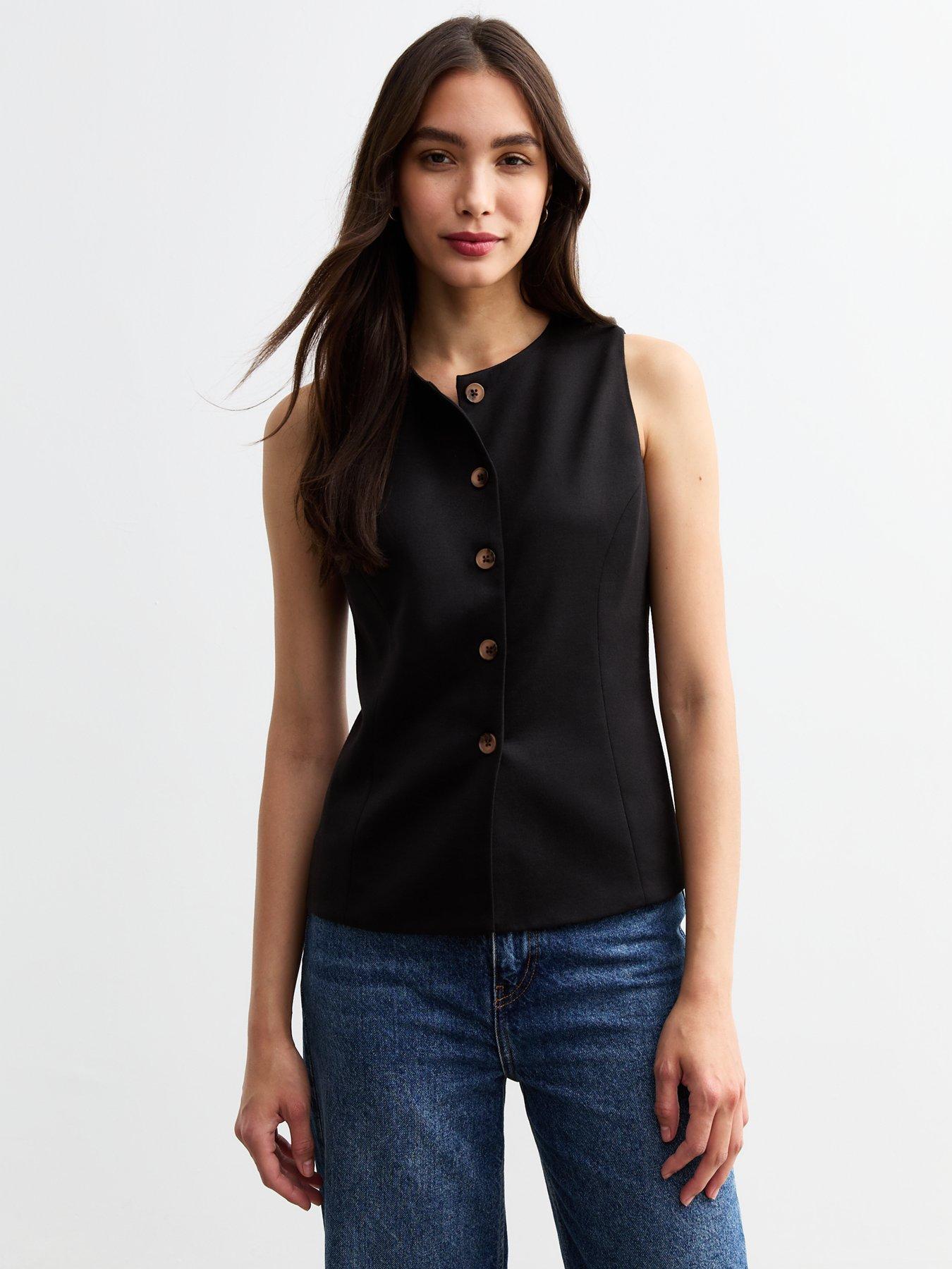undefined Button Up Crew Neck Waistcoat - Black