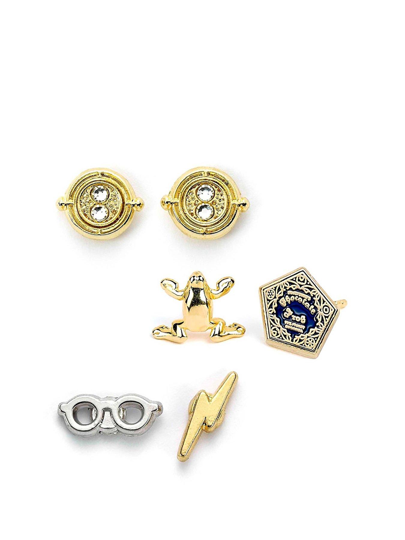 Image 1 of 2 of Harry Potter Stud Earring Set Time Turner/Chocolate Frog/Glasses &amp; Lightning Bolt