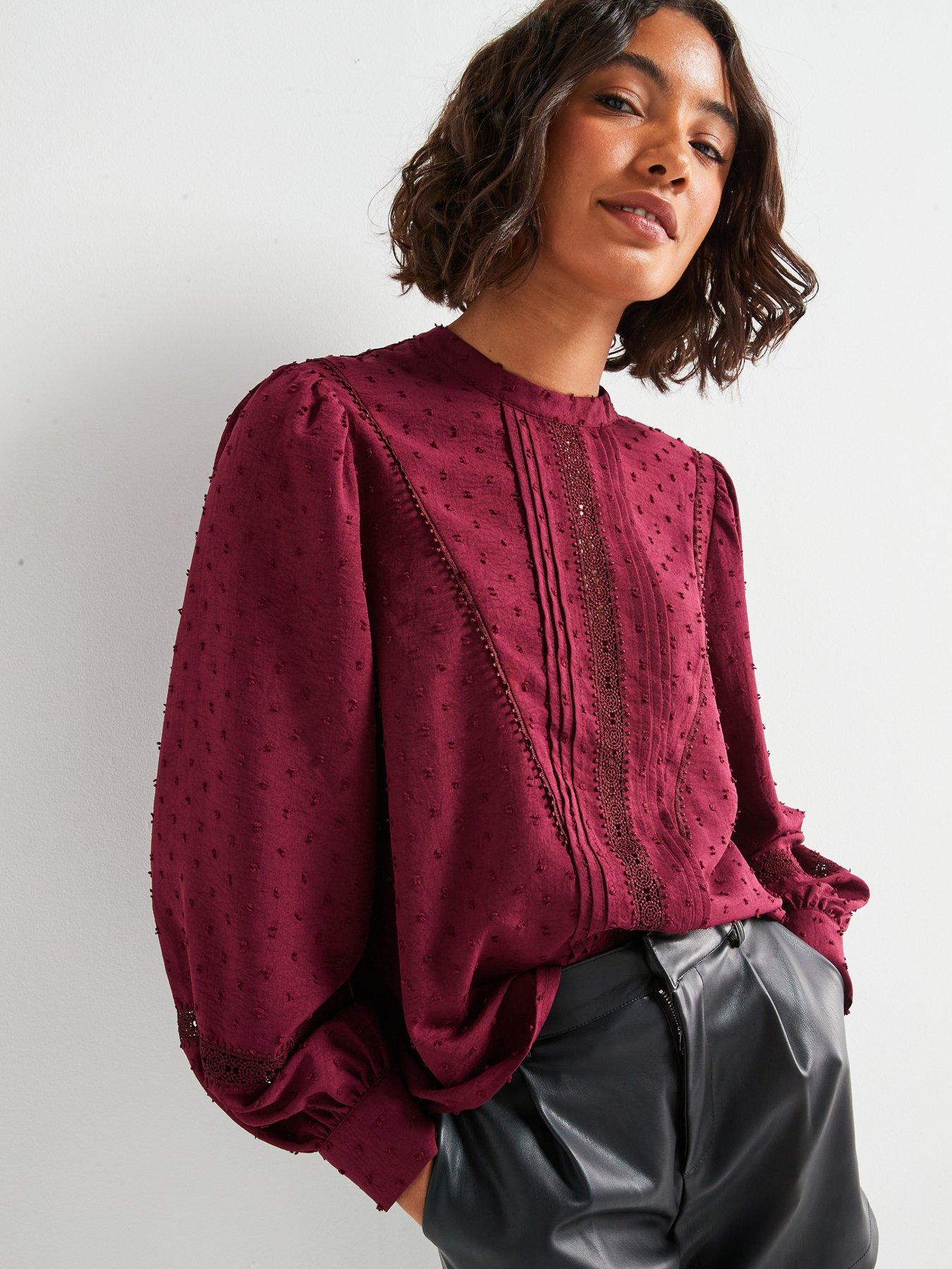 undefined Dobby Lace High Neck Blouse - Maroon
