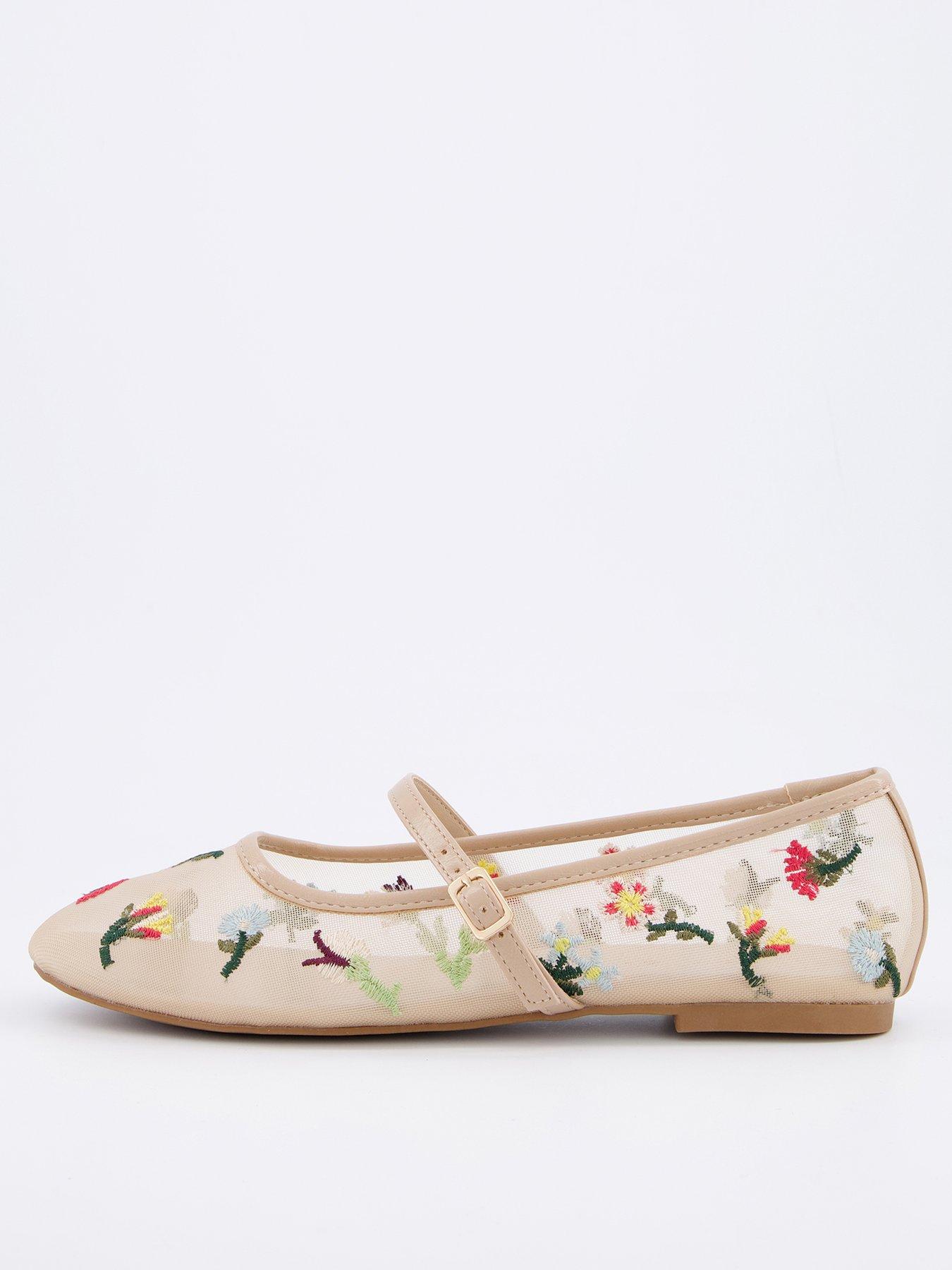 V by Very Mesh Ballet Flat with Floral Embroidery - Cream
