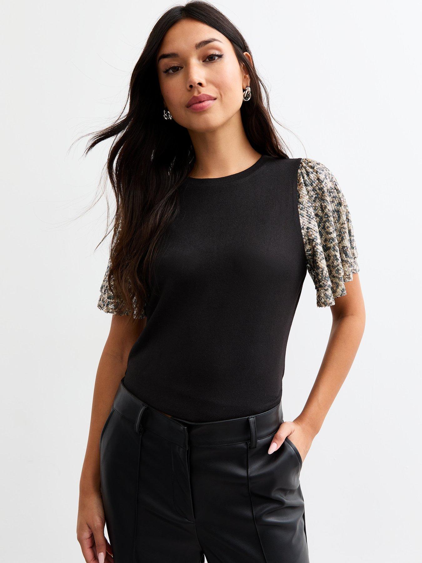 undefined Black Sequin Leopard Sleeve Top - Print