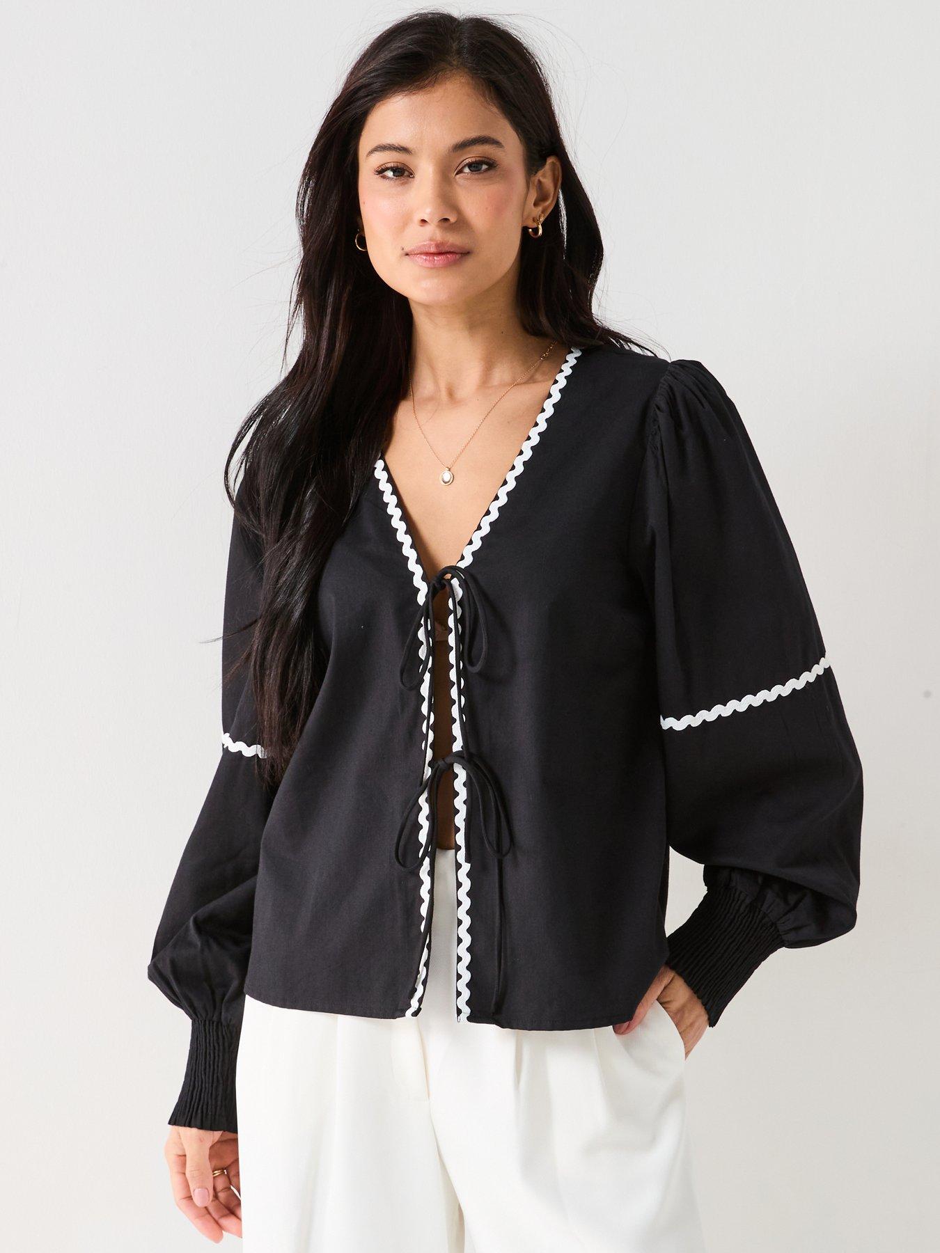undefined Nervia Long Sleeve Tie Front Prairie Blouse - Black/White